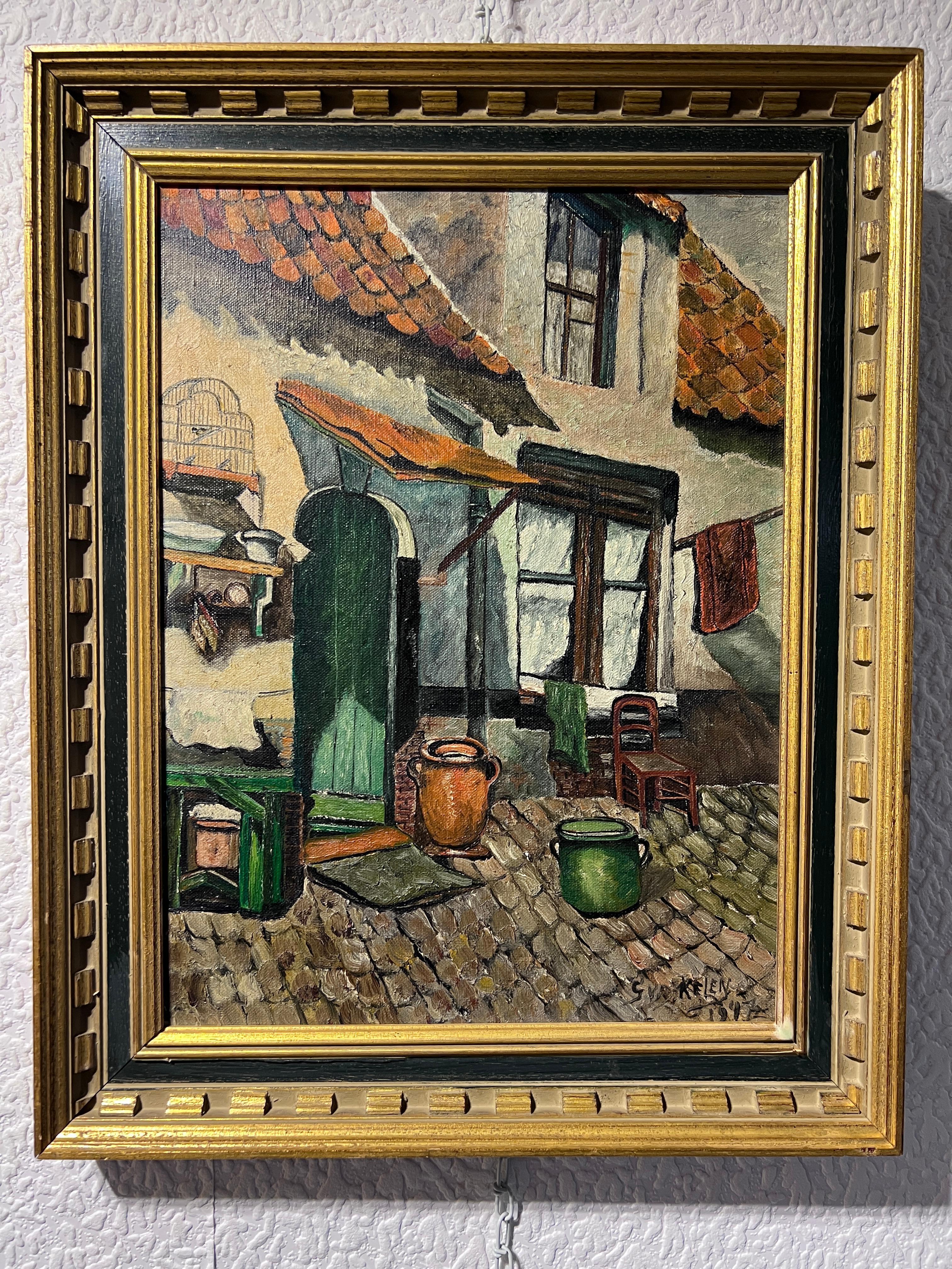 G. Van Der Kelen 1947 dipinto a olio su tela, paesaggio urbano europeo, incorniciato - Painting Impressionismo di Unknown