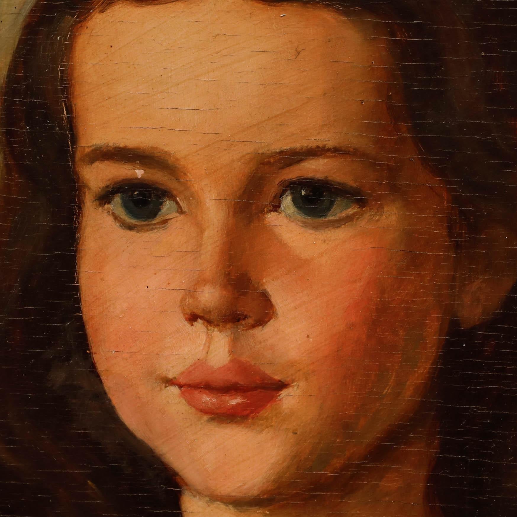 This portrait captures a youthful subject with a direct, engaging gaze against a neutral background. Signed to the upper left corner. Presented in a gilt frame with a beaded running pattern and foliate carvings to the cove. On board. 