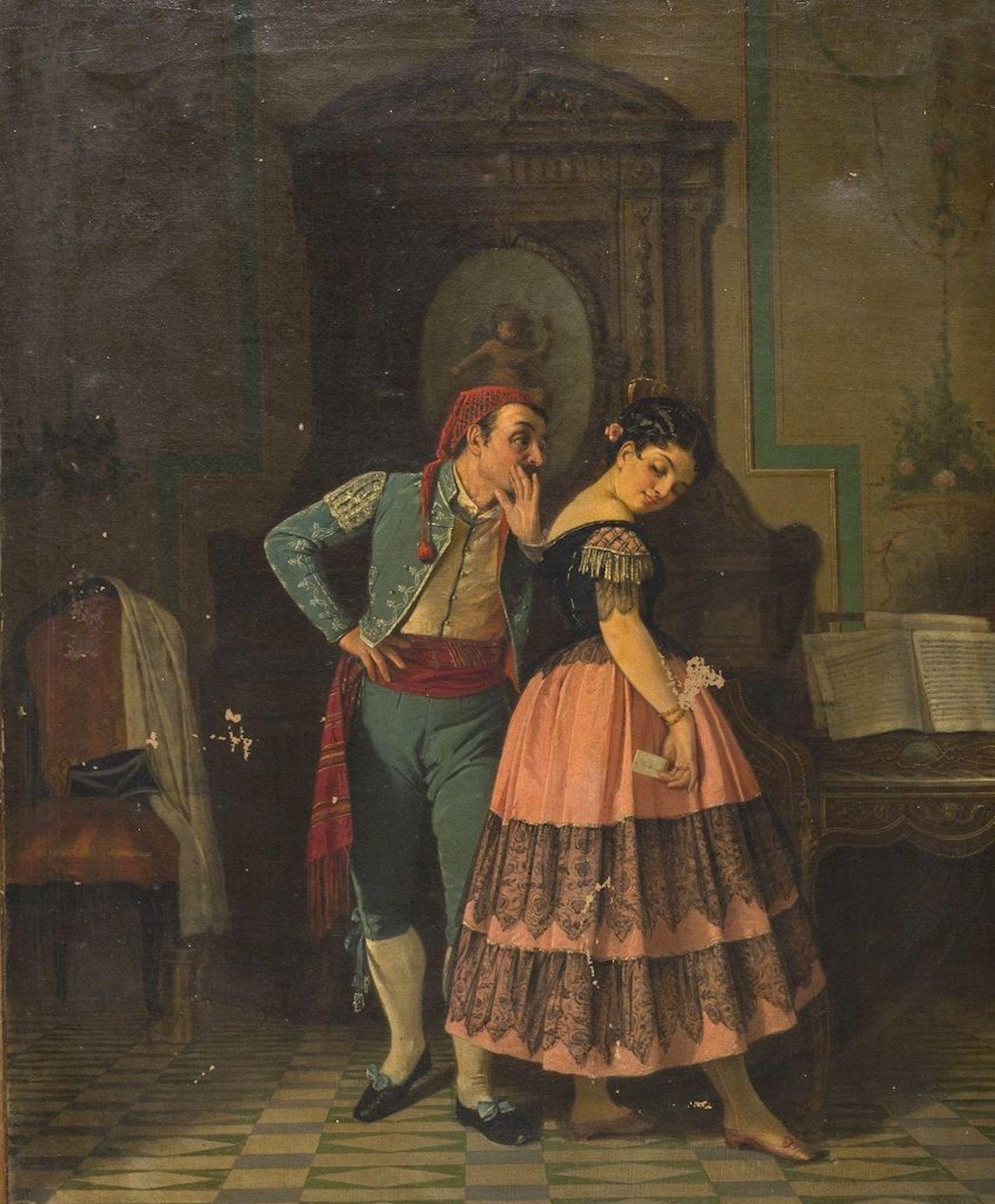 Unknown Figurative Painting - Gallant Scene in Spanish Costume-Oil on Canvas by Neapolitan Artist 19th Century