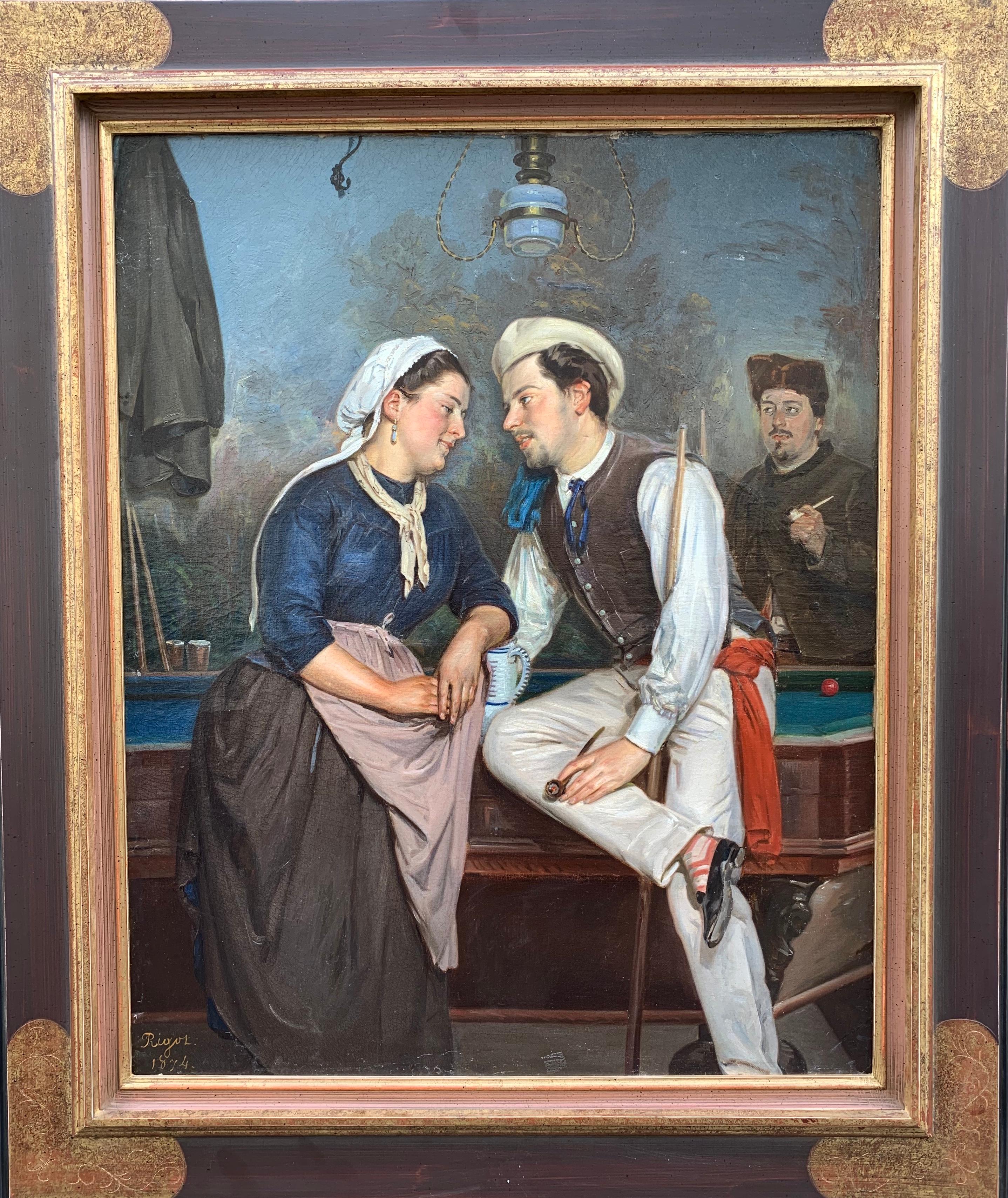 Huile sur toile « Gallantry Scene in a Tavern » signée Rigot et datée de 1874 - Académique Painting par Unknown