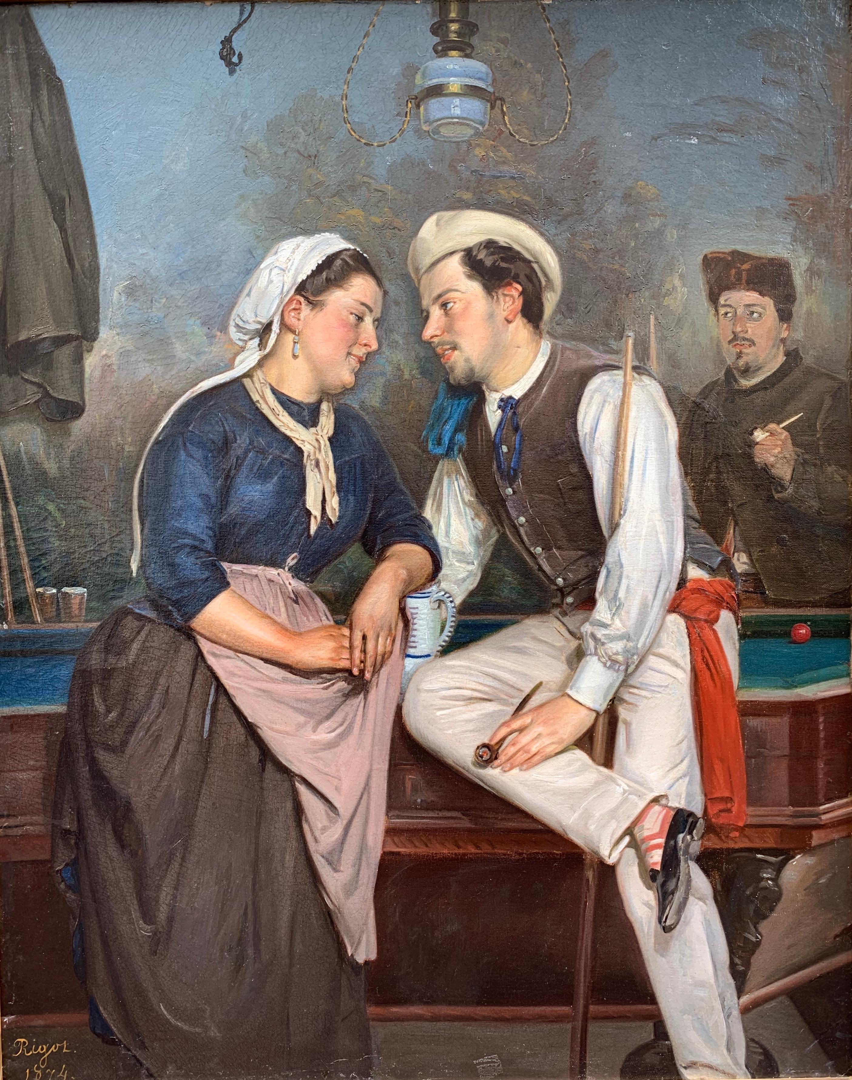 Interior Painting Unknown - Huile sur toile « Gallantry Scene in a Tavern » signée Rigot et datée de 1874
