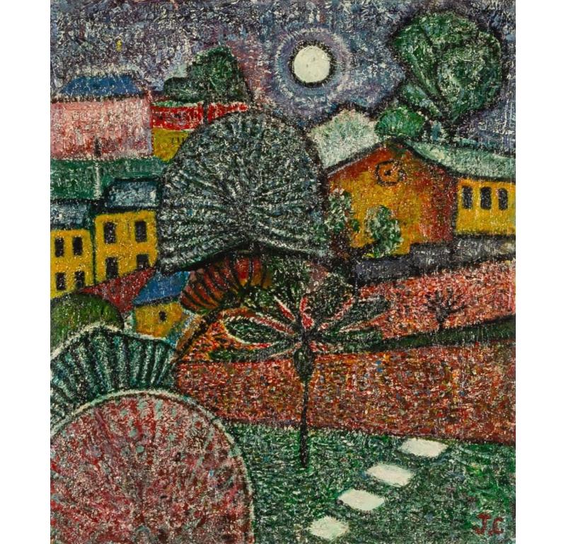 Gardens at Night, Greenwich, Oil on Board Painting by John Christopherson, 1972