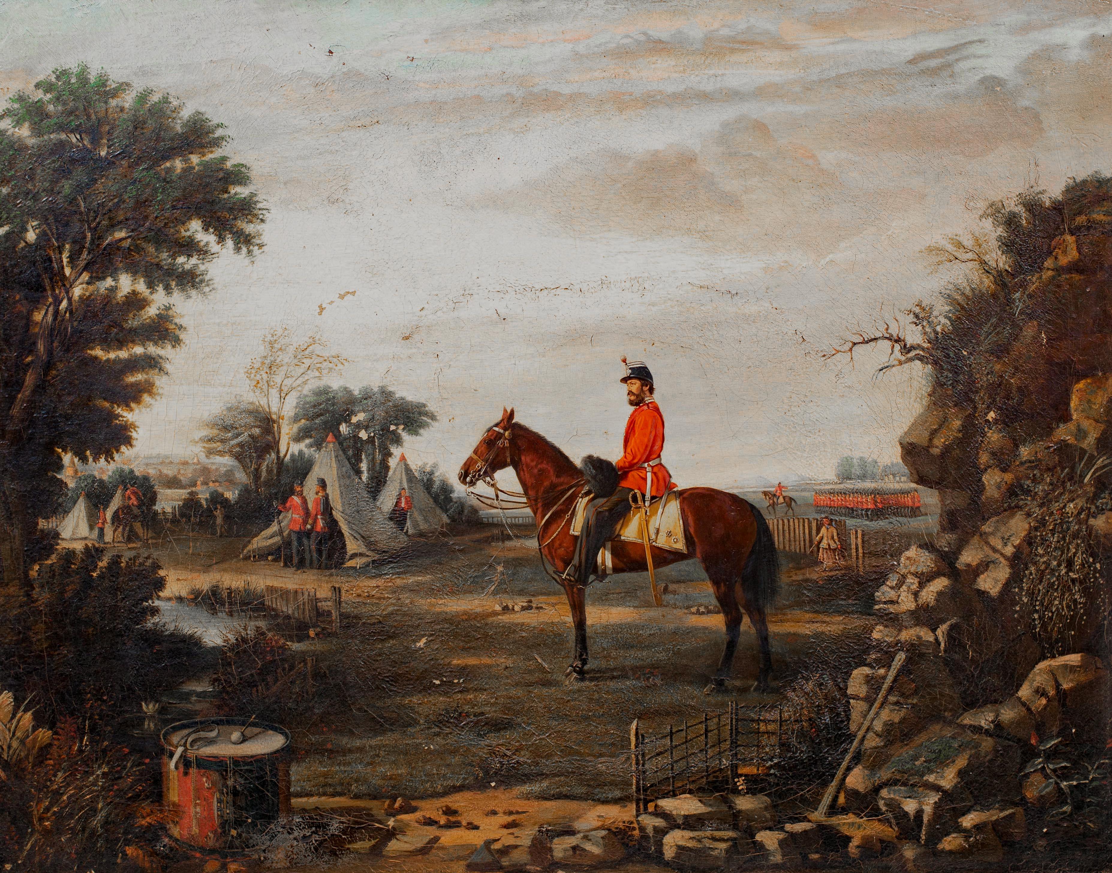 Garibaldi Redshirts Encampment, 19th Century  attributed to Remigio Legat  - Brown Portrait Painting by Unknown