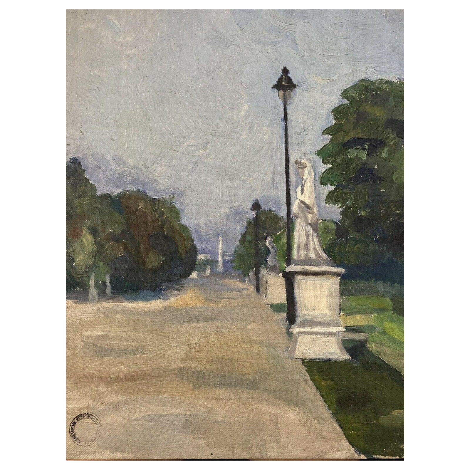 Unknown Landscape Painting - Genevieve Zondervan, French Oil Painting, Paris Park Scene Statues