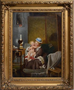 Genre interior scene First baby bathing 19th century Oil painting Framed