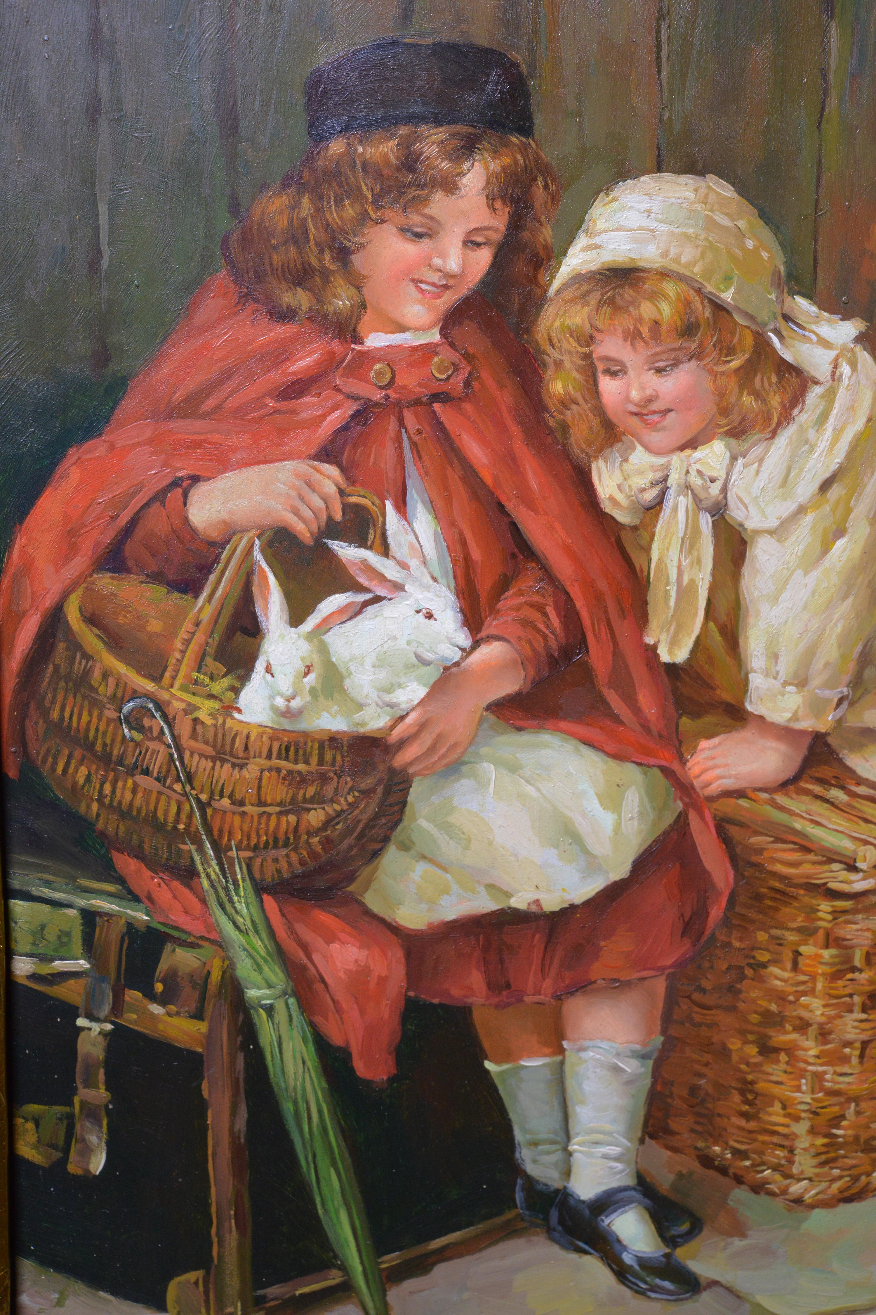 Very touching scene with two little girls. Two sisters are thrilled to meet their new pets that their parents have bought. The sincerity and immediacy of children's feelings depicted in this painting evoke the most positive emotions... Work by an
