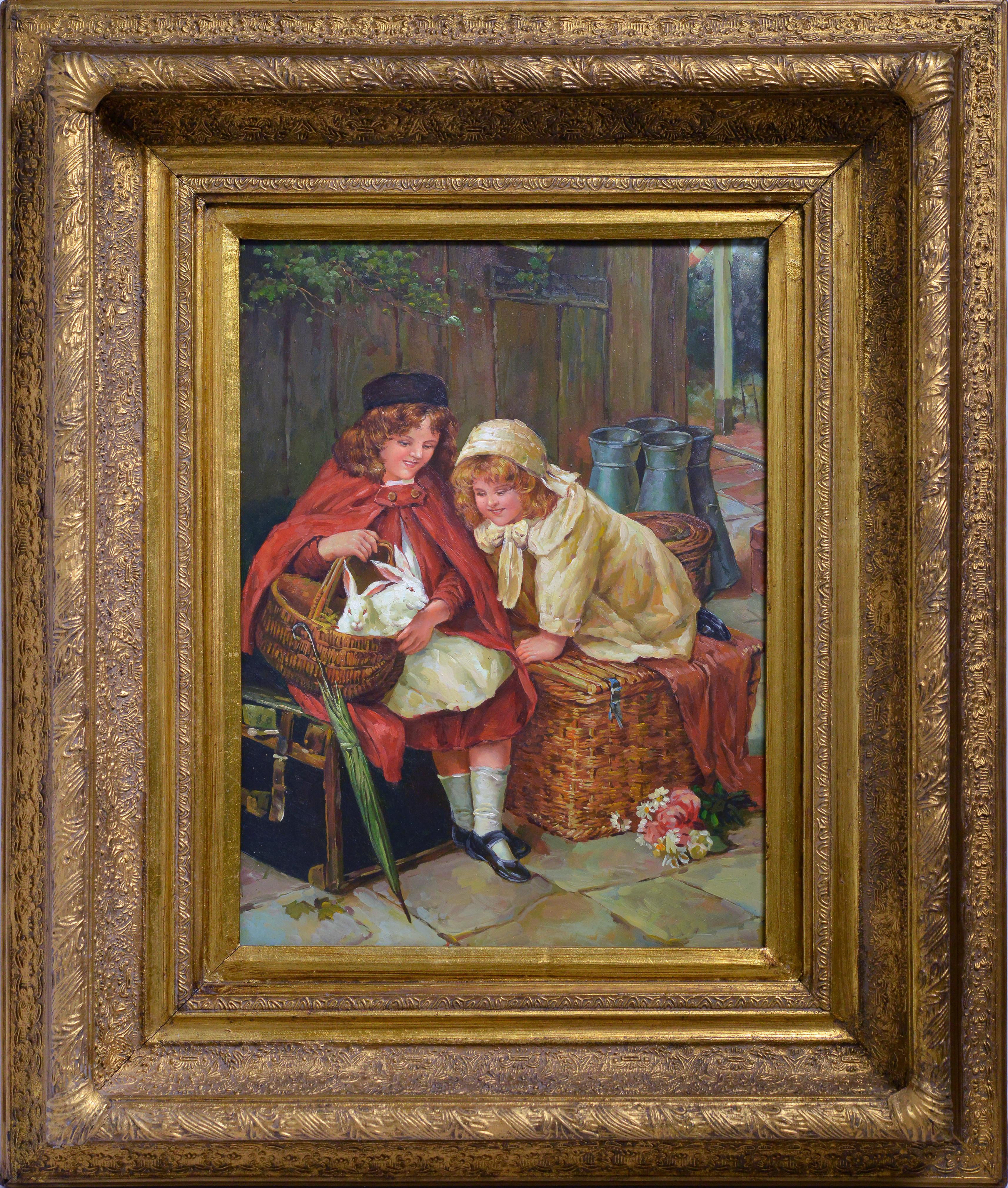 Unknown Animal Painting - Little Girls and Their New Friends Genre Scene 19th century Oil Painting on Wood