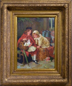 Genre scene Little girls and their new friends 19th century Oil painting