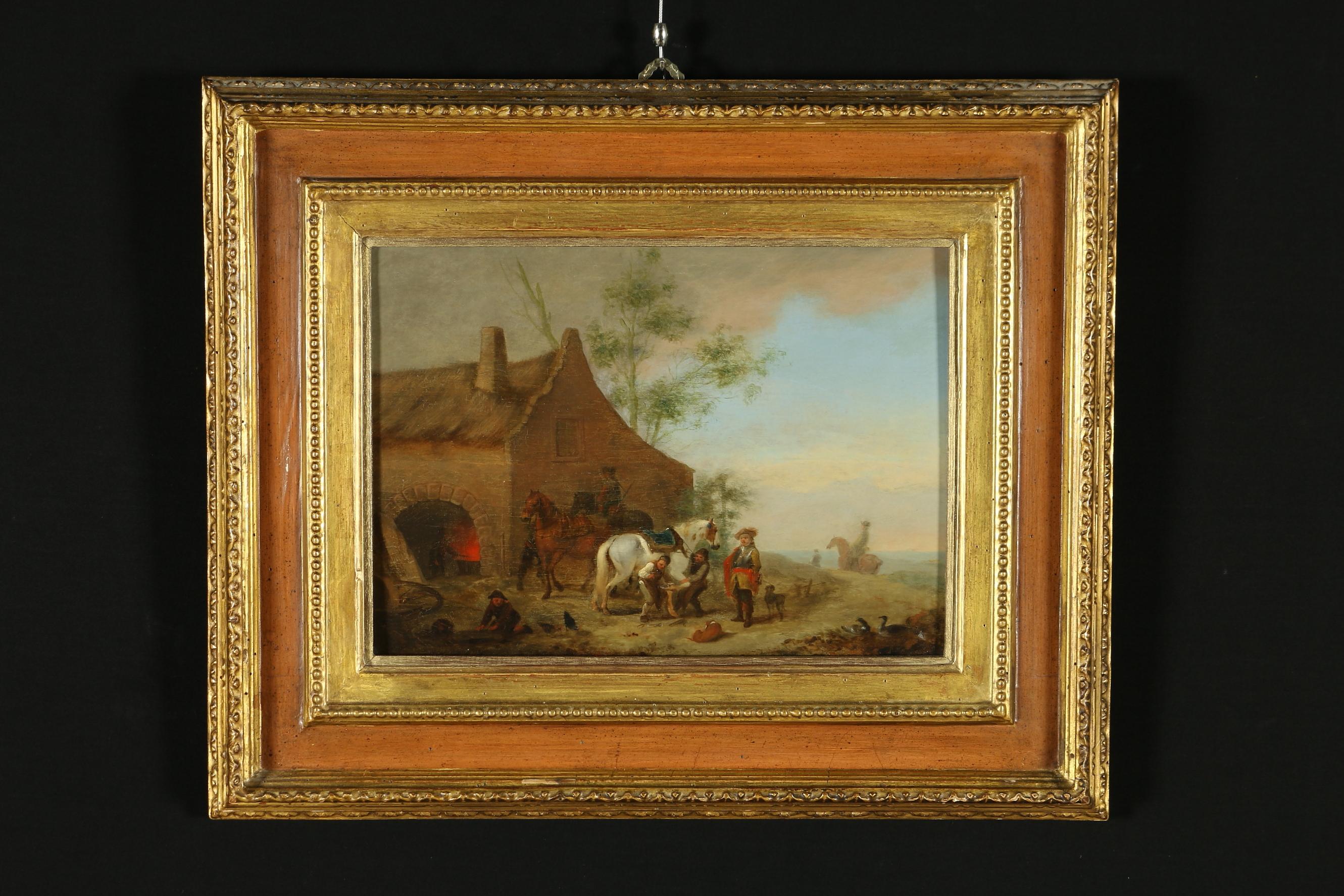 Unknown Landscape Painting - Genre Scene The Farriers Oil on Board Late 1600s