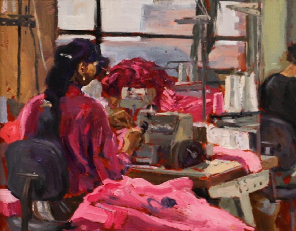 Geoffrey Beasley - Gerahmtes Ölgemälde, Näherin in Rosa, 1993, gerahmt – Painting von Unknown