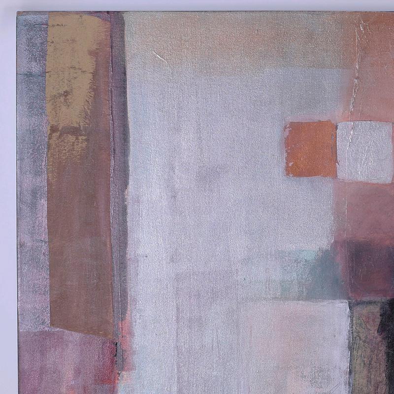 Stand out abstract painting on canvas with a sophisticated composition of overlapping geometric forms constructed with complex textures and colors. Signed and titled on the back Wendy Weldon, Evora in winter (Portugal).