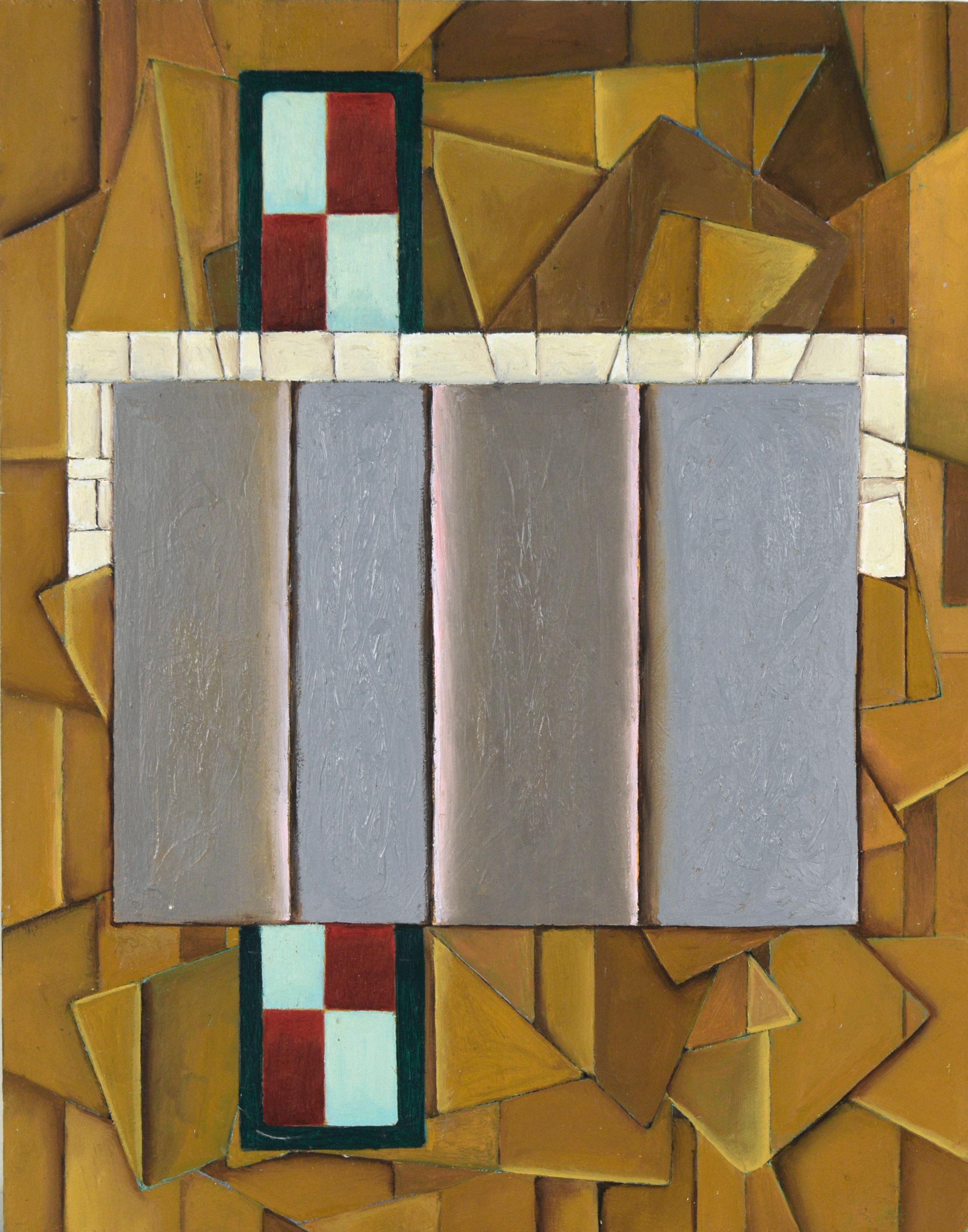 Unknown Abstract Painting - Geometric Abstraction with Silver Rectangles - Original Op Art Oil Painting