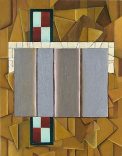 Abstracción geométrica con rectángulos plateados - Pintura al óleo original Op Art