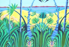 Geometric Beach Scene, Colorful Oil Painting on Canvas