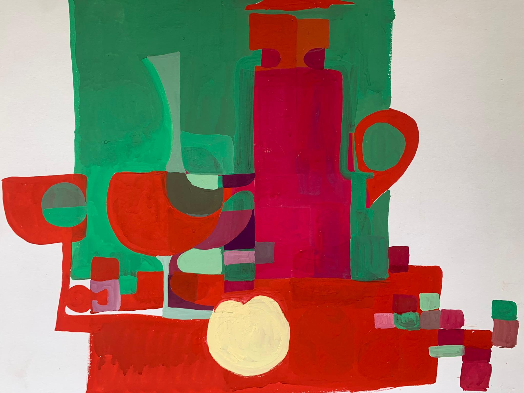 Geometric Fantasy with Coffee Pot and Red Wine Glasses. Circa 1970 - Painting di Unknown