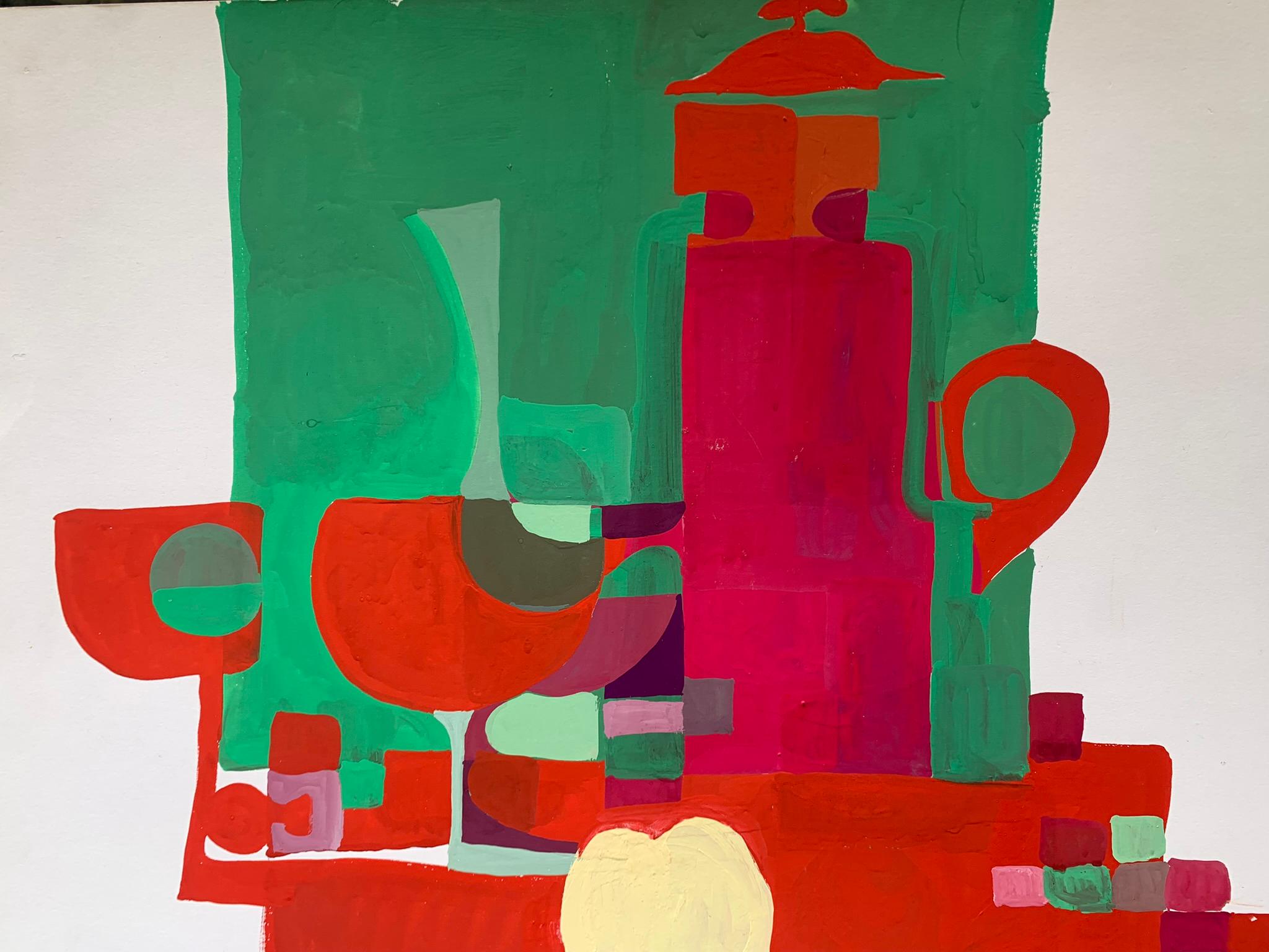 Abstract Painting di Unknown - Geometric Fantasy with Coffee Pot and Red Wine Glasses. Circa 1970