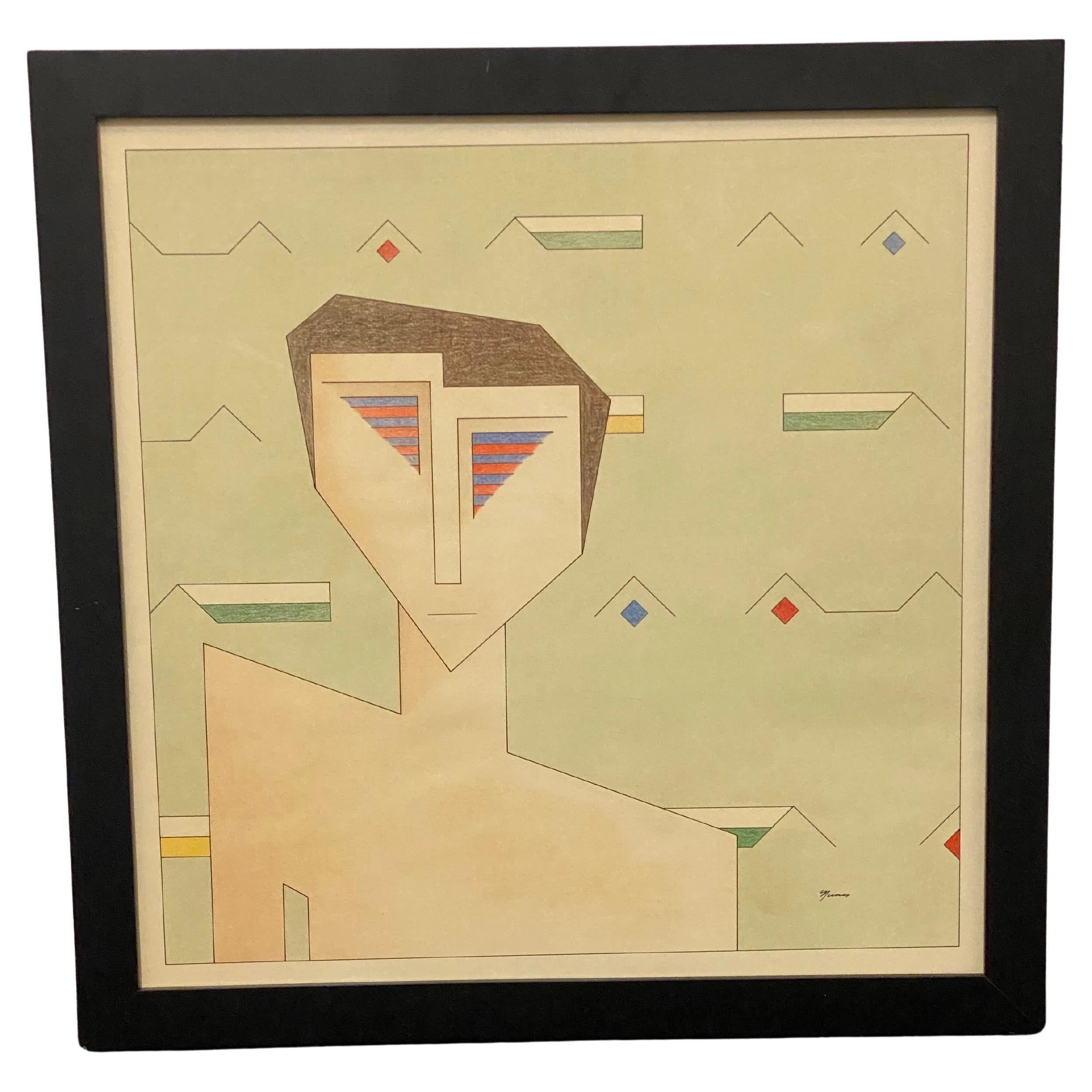 Unknown Figurative Painting - "Geometric Man" Post-Modern Figurative Color Pencil Drawing