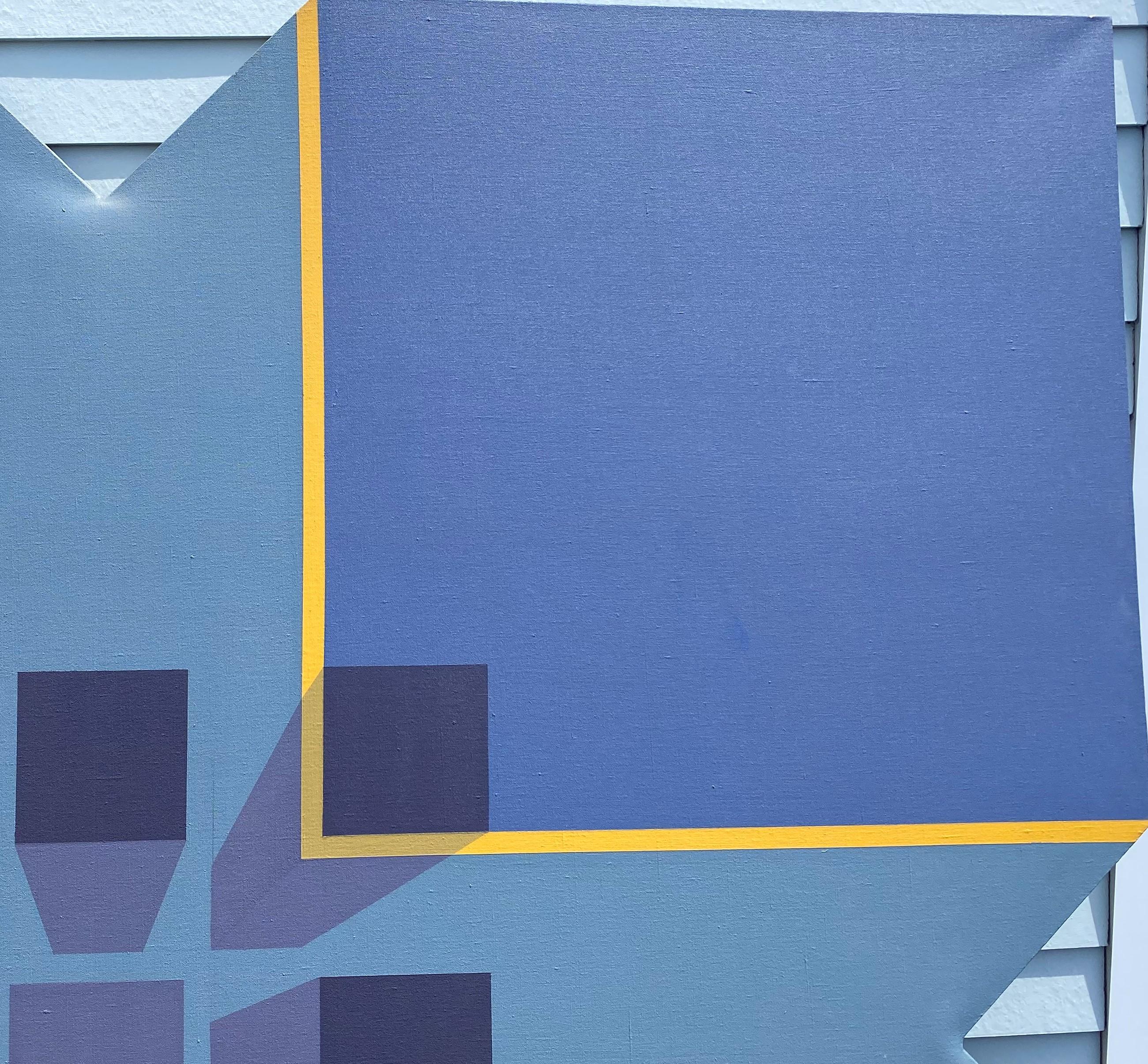 Ein schönes, großes, perspektivisches, abstraktes Ölgemälde der Amerikanischen Schule in Blau- und Gelbtönen mit geometrischen Formen, einem zentralen quadratischen Brennpunkt und einem maßgefertigten Rahmen mit dreieckigen Ausschnitten auf jeder