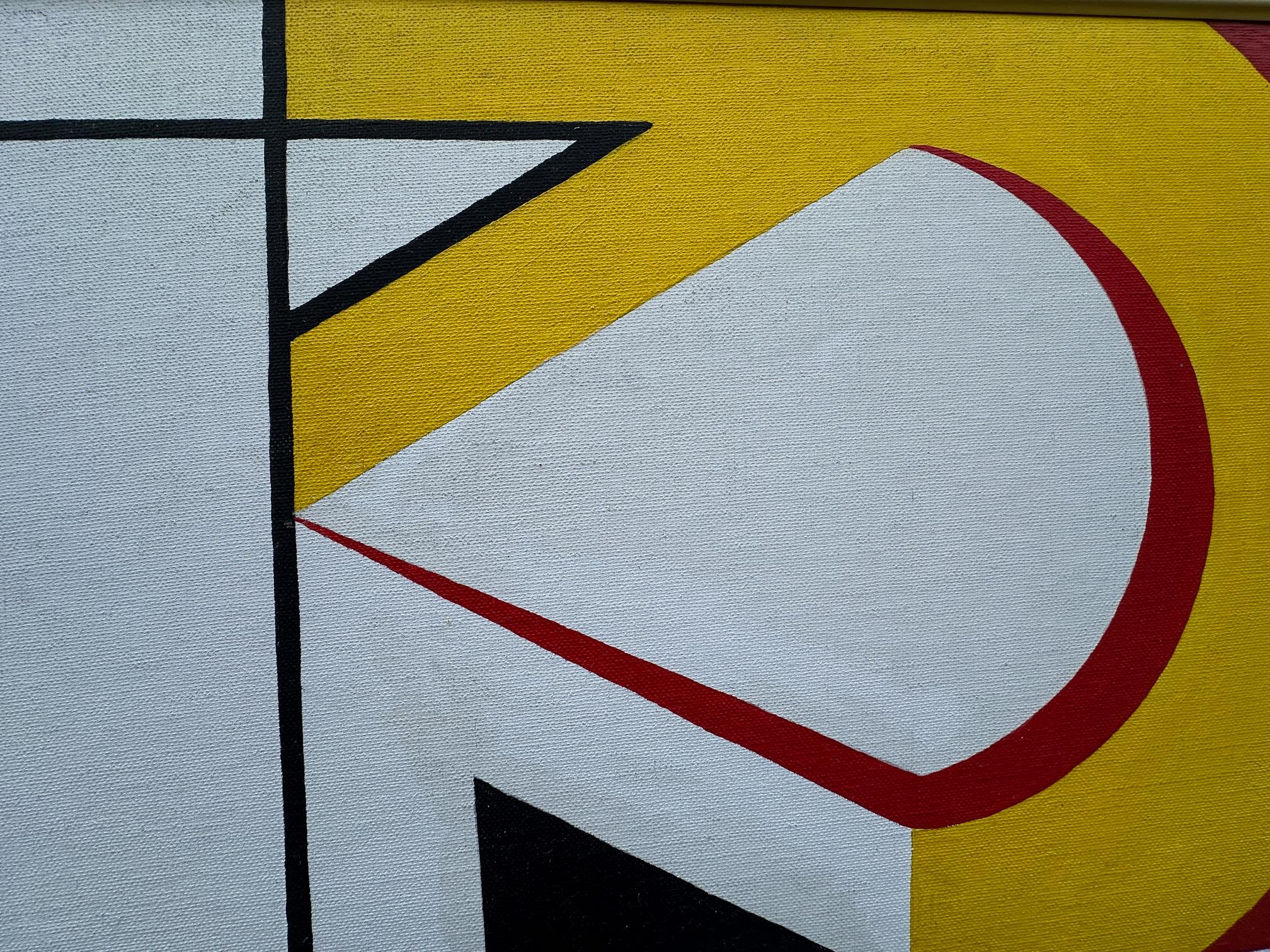 This geometric abstract painting features bold intersecting forms in primary colors, evoking a dynamic sense of movement and balance. Dominated by arcs and angular shapes in red, yellow, black, and white, the composition is contained within a