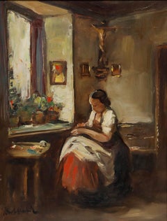 Georg Albert Dorschefeldt (1898-1979) - Framed Oil, Mending Clothes