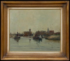 Georg Hambüchen (1901-1971) - Huile encadrée du milieu du XXe siècle, Un port hollandais tranquille