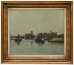 Georg Hambüchen (1901-1971) - Huile encadrée du milieu du XXe siècle, Un port hollandais tranquille