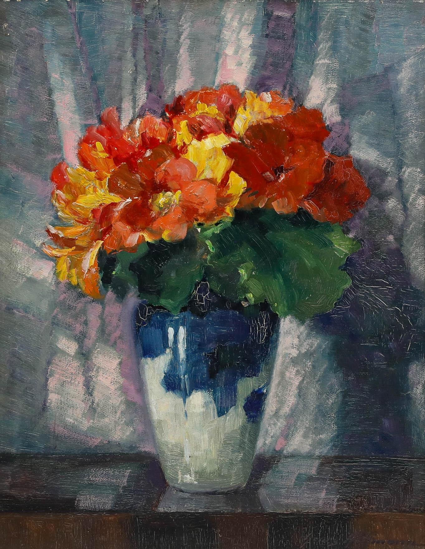 Georg Hoffmann - Gerahmtes Öl aus der Mitte des 20. Jahrhunderts, Stillleben mit roten Blumen – Painting von Unknown