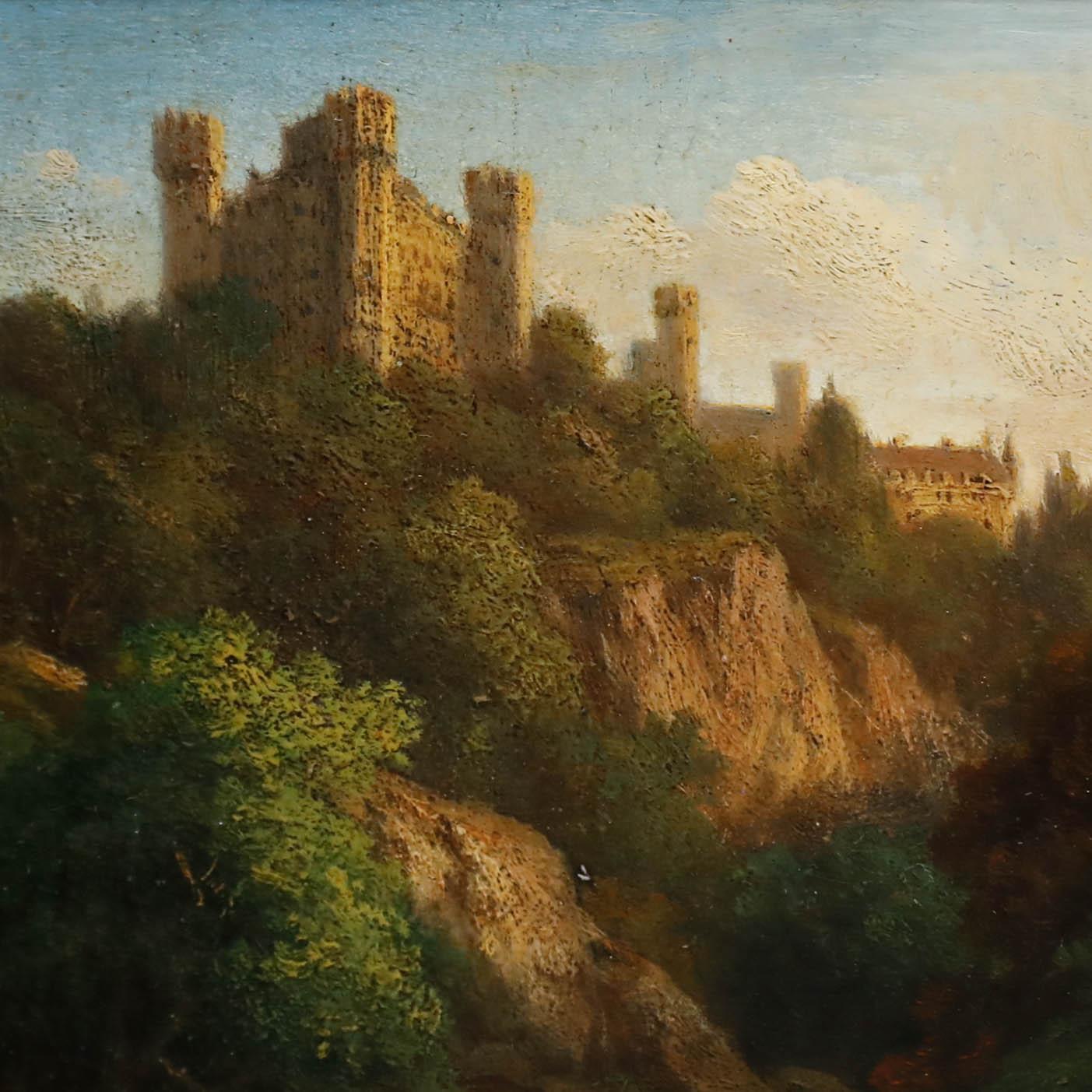 A charming oil painting by German artist Georg Kobel (1807-1894) depicting Hohenschwangau Castle, built in 1933 by King Maximilian II of Bavaria. The work is beautifully presented in an ornate gilt frame finished with elaborate corner mouldings and
