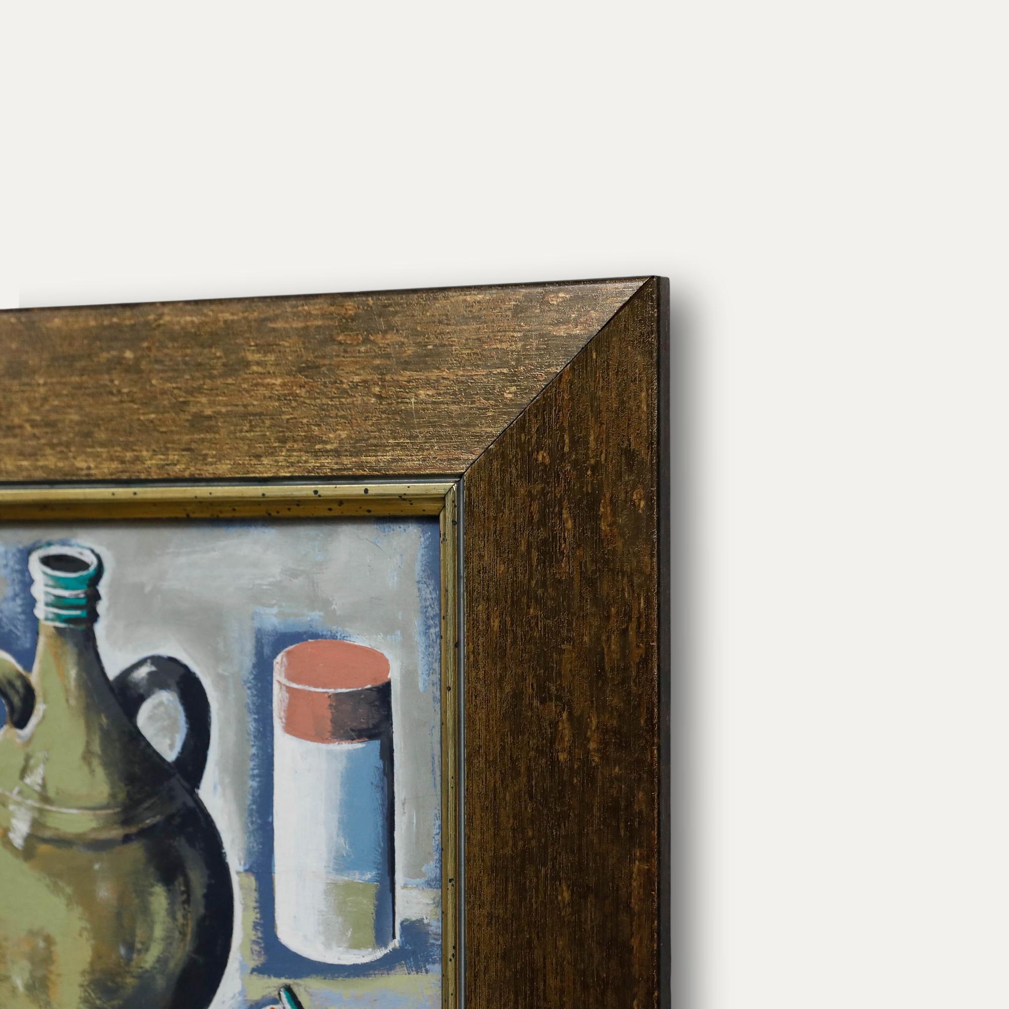 Dieses unverwechselbare Stillleben zeigt Langs kühnen künstlerischen Stil, der sich durch flächige, leuchtende Farben auszeichnet. Die Komposition zeigt ein Arrangement von Knoblauch, Paprika und Birnen neben verschiedenen Krügen, das durch seine