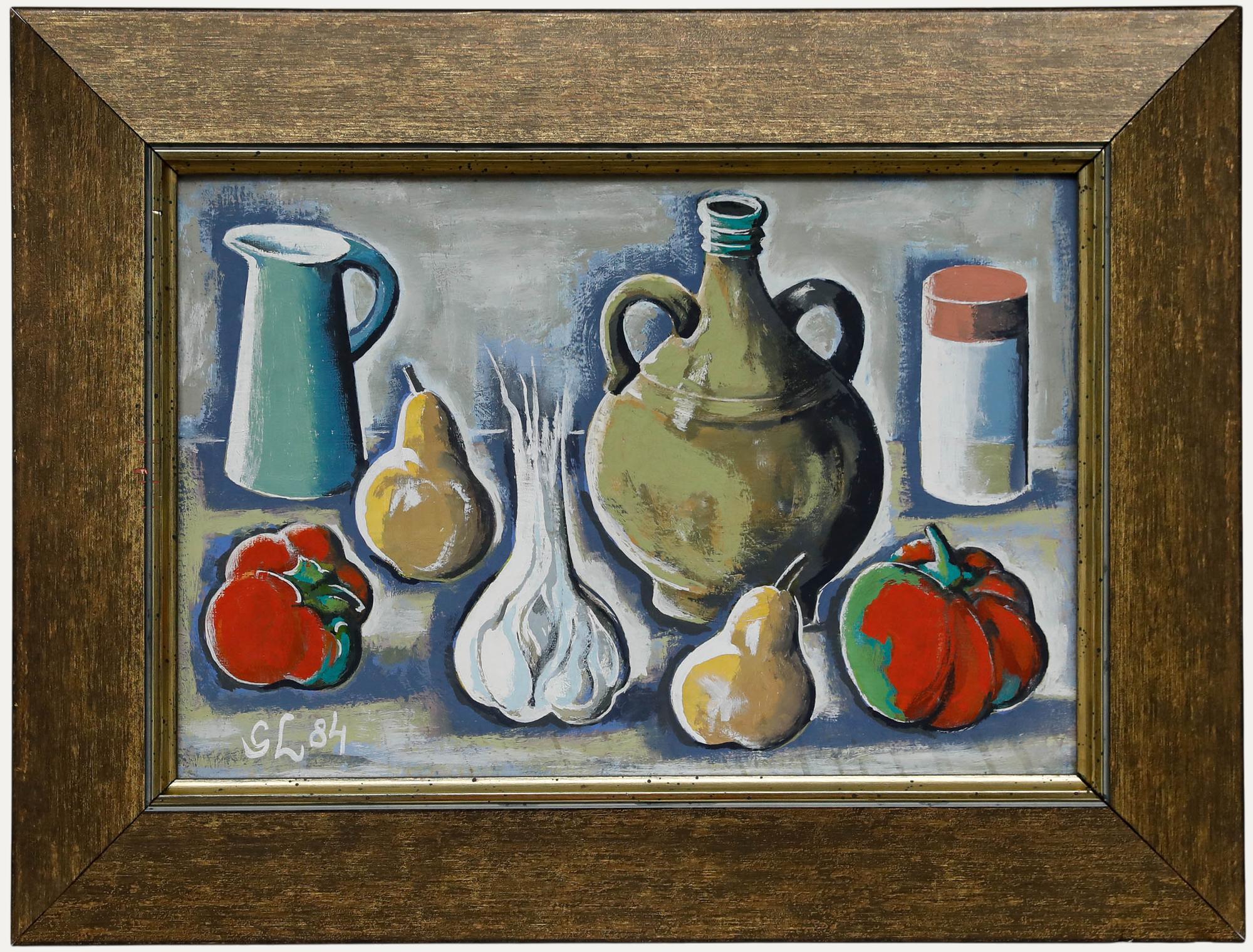 Unknown Still-Life Painting – Georg Lang (1907-1986) - Modernist 1984 Öl, Knoblauch, Paprika und Birnen