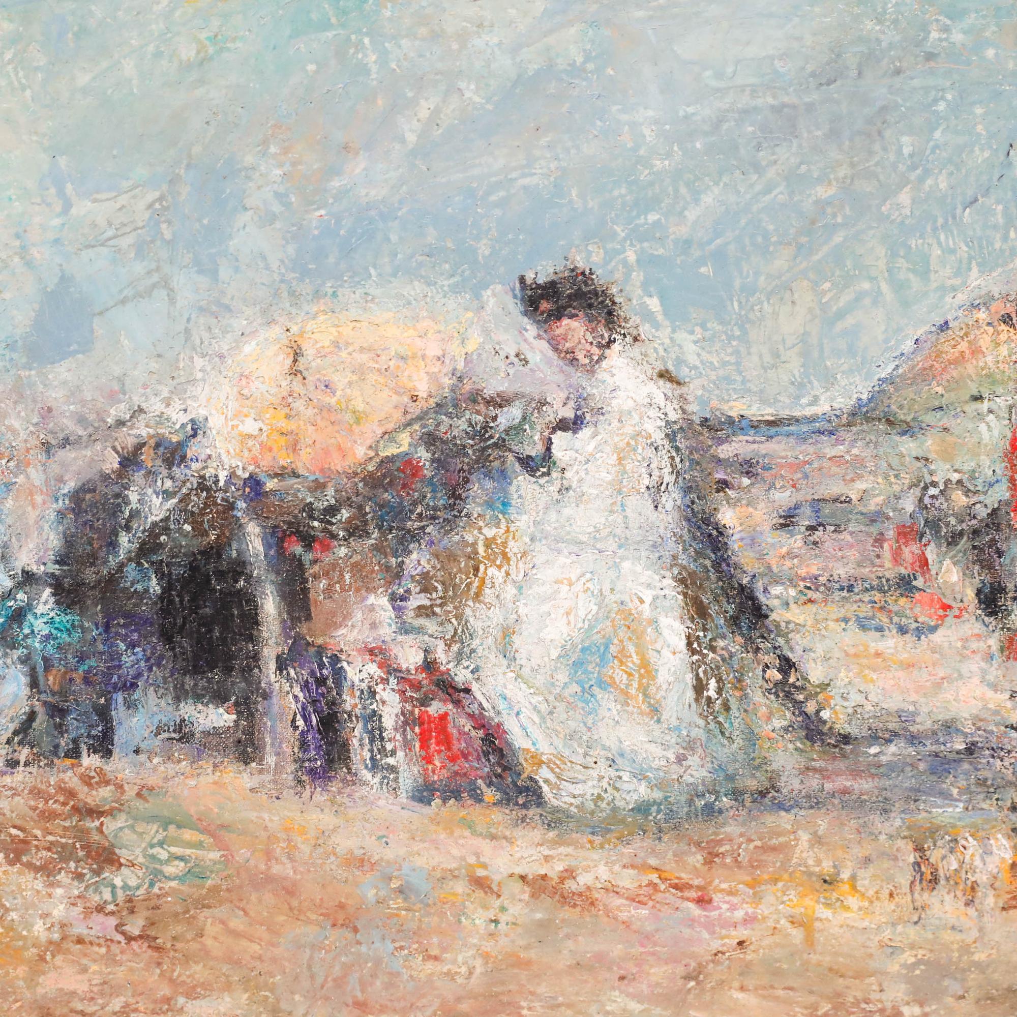 This impressionistic painting captures a lively beach scene with figures and tents set against a hazy blue sky. The artist's loose brushstrokes and soft colour palette create a dreamy, atmospheric quality that evokes the warmth and leisure of a