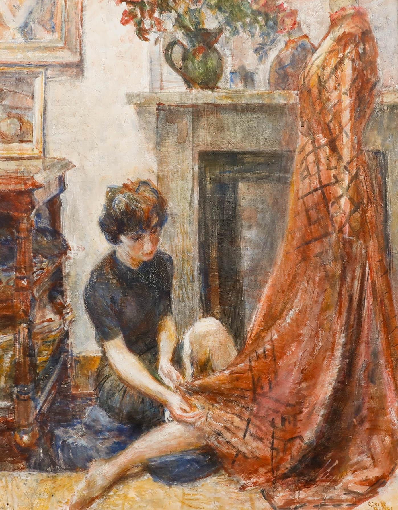 George Butler (1904-1999) - Gerahmtes Öl von 1964, Die Näherin – Painting von Unknown