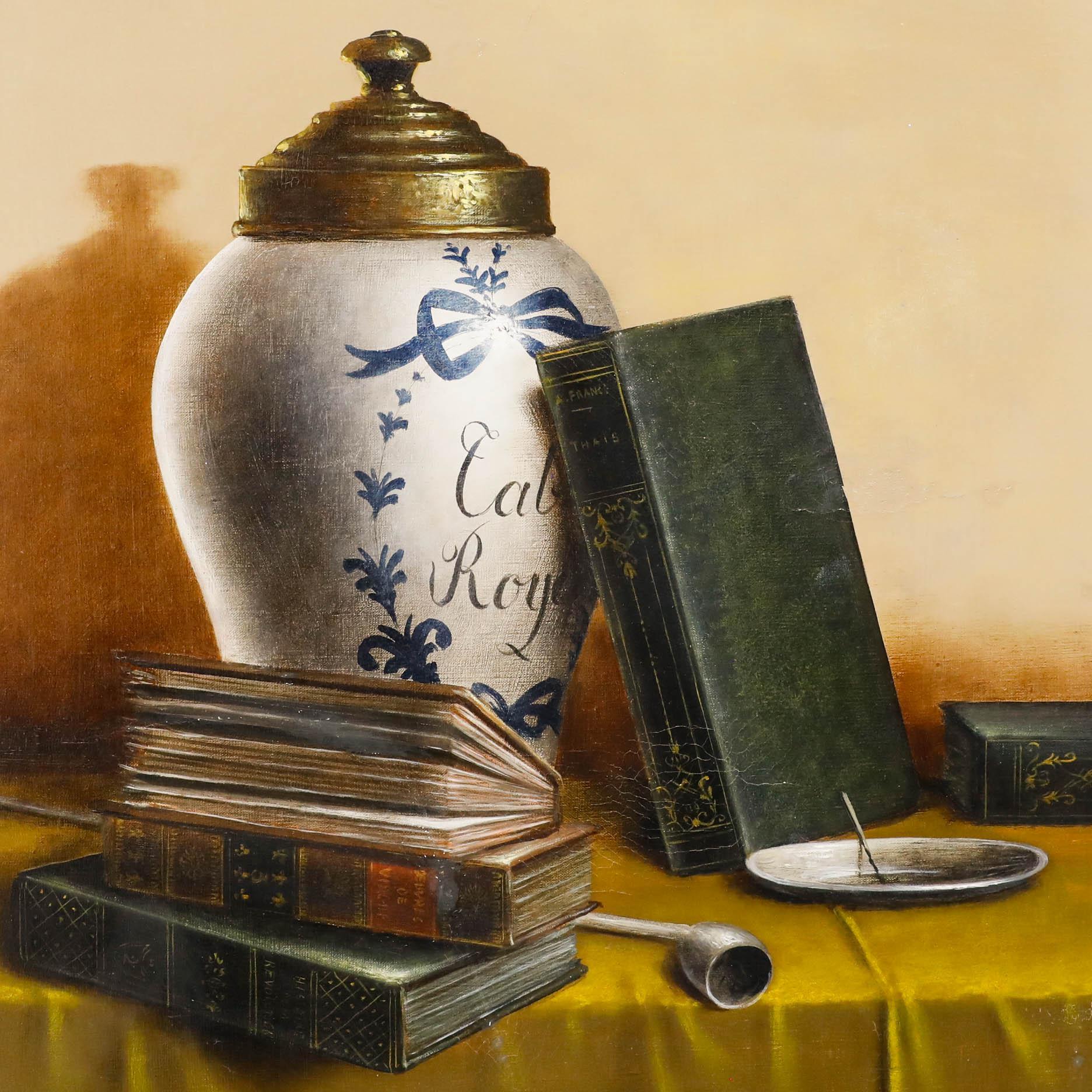 This classical still life painting features a carefully arranged composition of objects including a decorative 19th-century tobacco pot, leather-bound books, and a pipe against a muted background. The work demonstrates the artist's expert use of