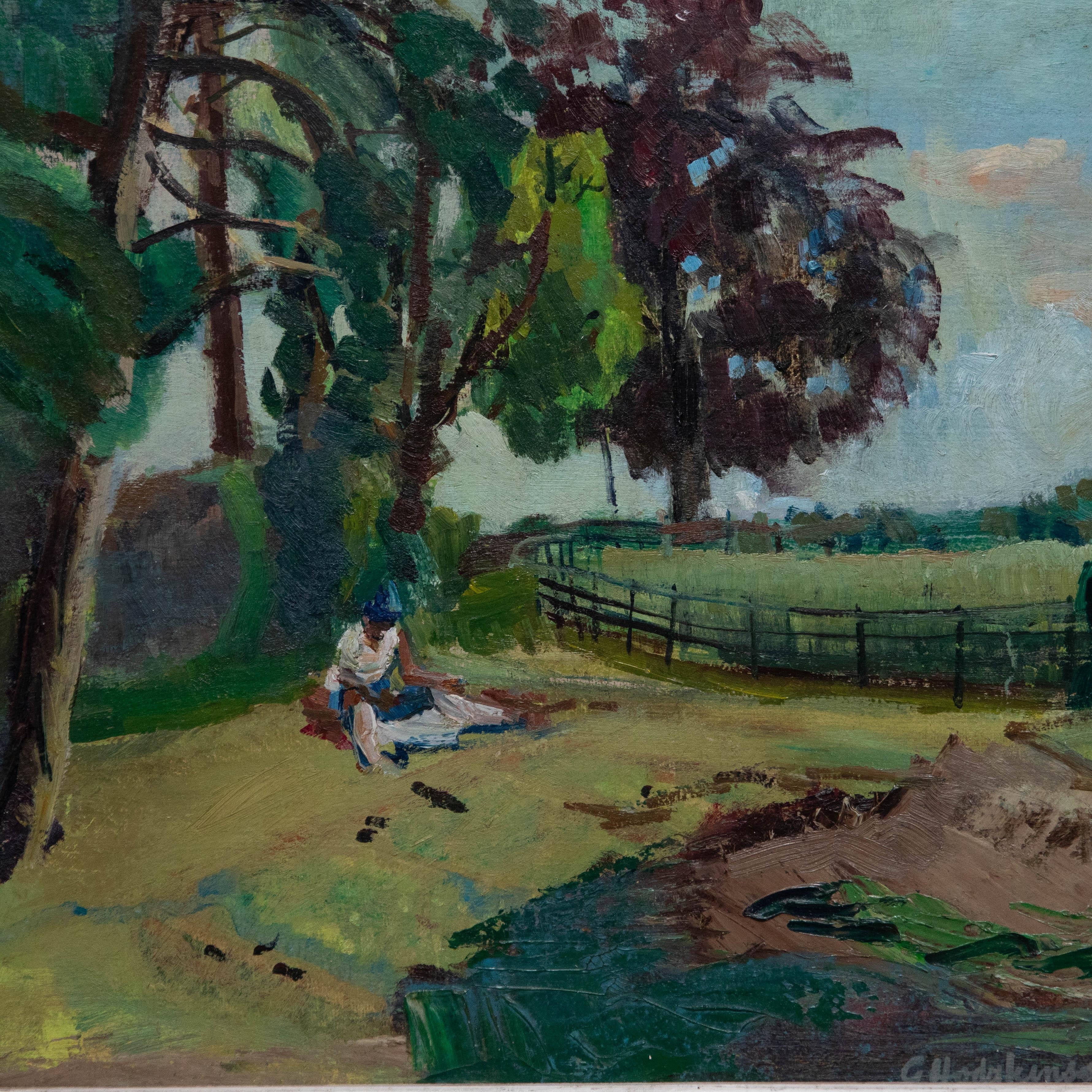 George Hodgkinson (1914-1997). Paisaje original al óleo. Presentado en un marco verde y dorado envejecido. Firmado en la parte inferior derecha. Con información biográfica fijada en el verso. A bordo.