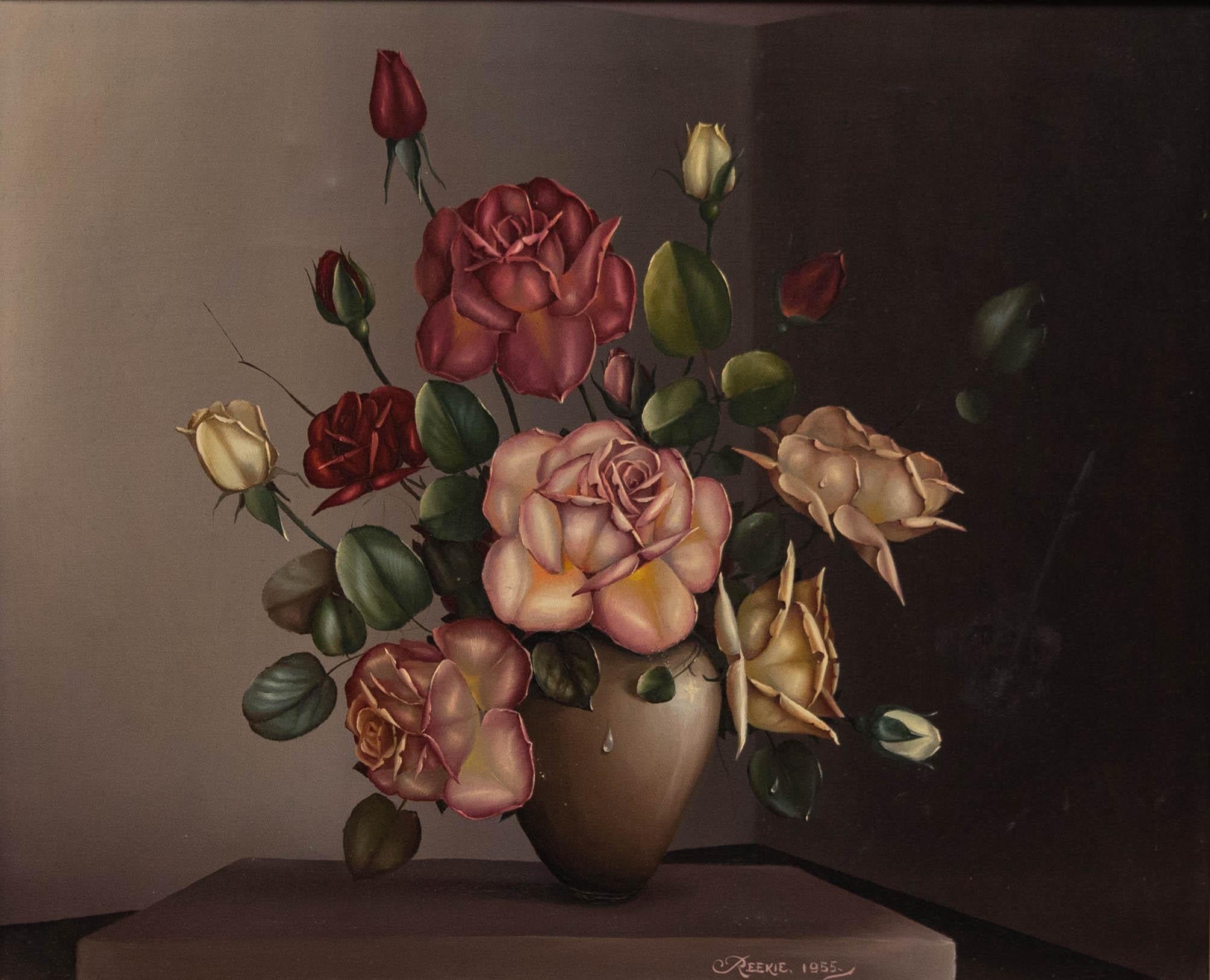 George Leslie Reekie - Framed Mid 20th Century Oil, Still Life of Roses - Painting by Unknown