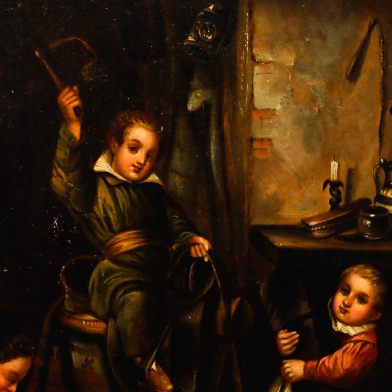 A charming genre scene depicting three children playing in a tack room with riding whip, reins and leather boots in hand. Presented in a smart black moulded frame with gilt beading to the inner window. Signed 'G. Osterwald' to the lower right with
