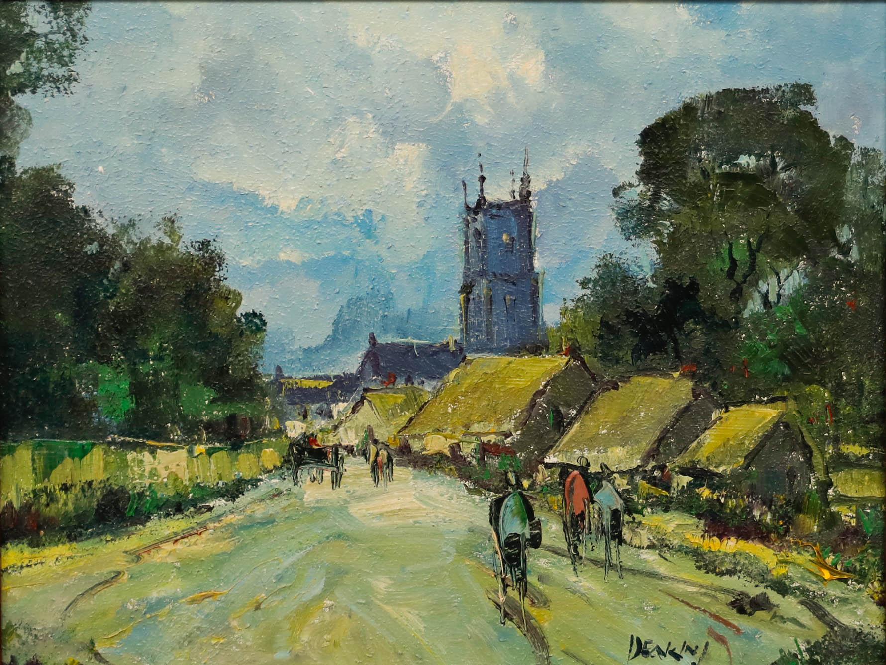 George R. Deakins (1911-1982) - Gerahmtes Ölgemälde, Dorfszene mit Kirchenstiel – Painting von Unknown