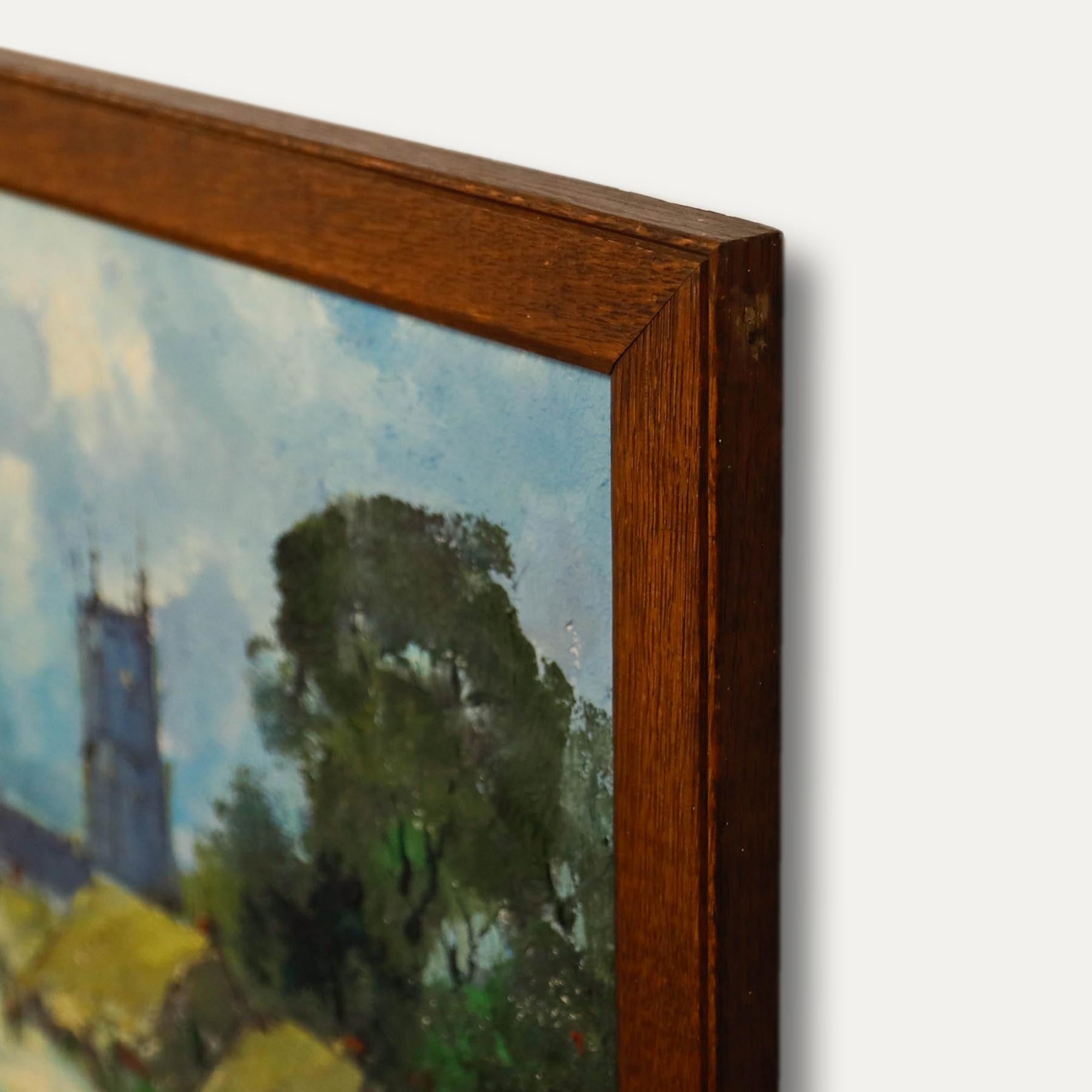 George R. Deakins (1911-1982) - Gerahmtes Ölgemälde, Dorfszene mit Kirchenstiel im Angebot 1