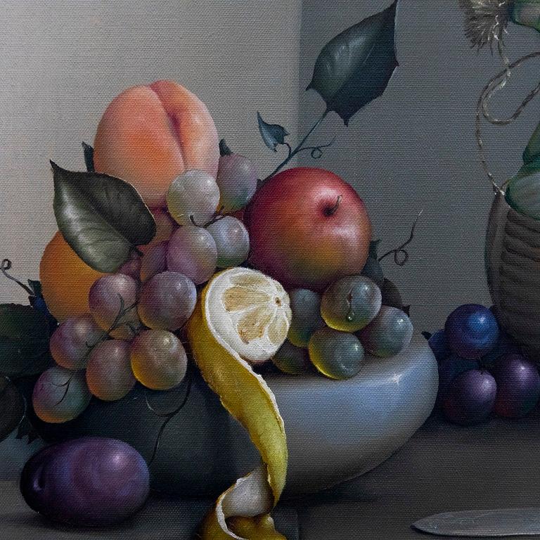 George Reekie (1911-1969) - Framed 1955 Oil, Fiasco Bottle with Fruit 1