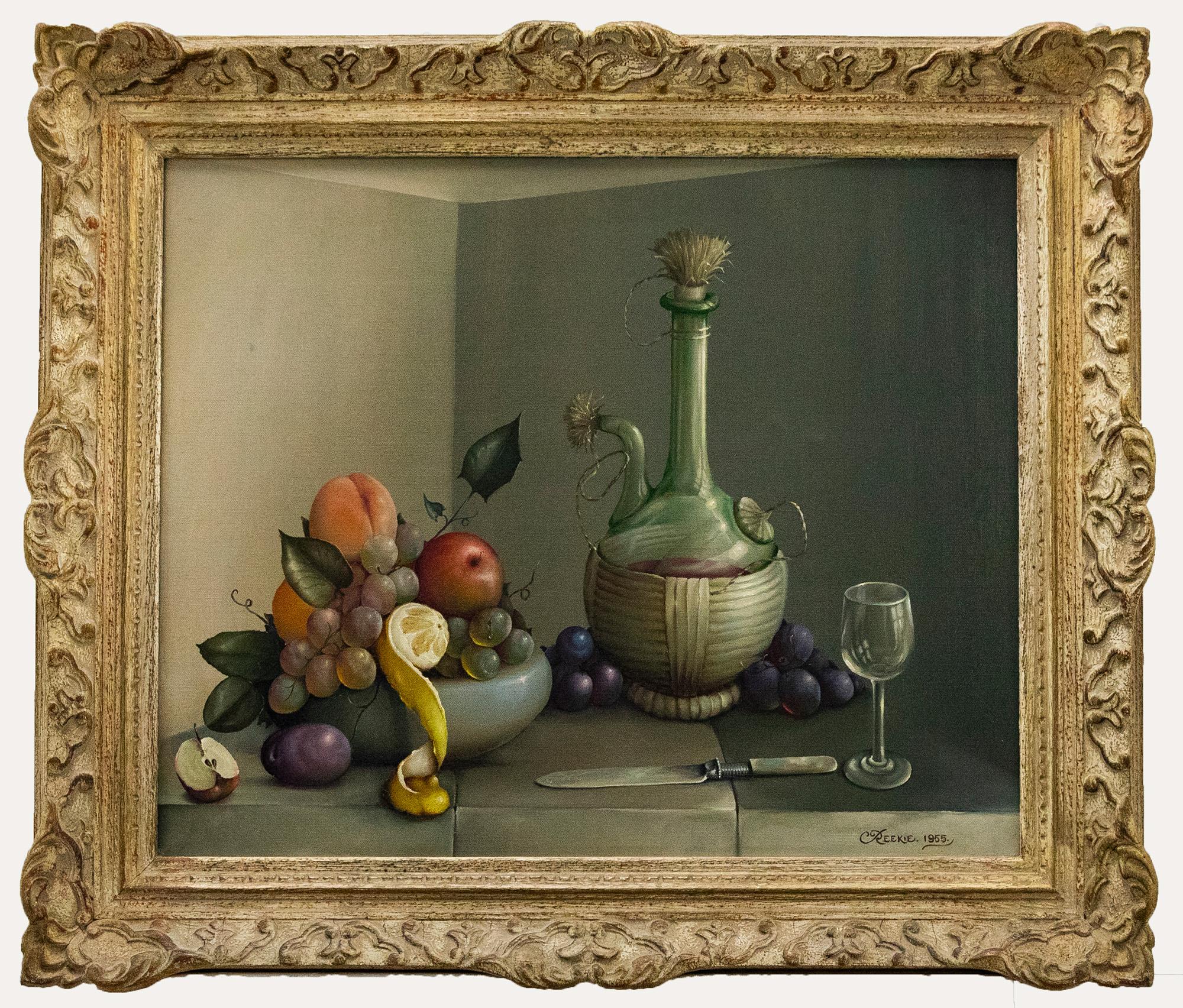 Unknown Still-Life Painting - George Reekie (1911-1969) - Framed 1955 Oil, Fiasco Bottle with Fruit