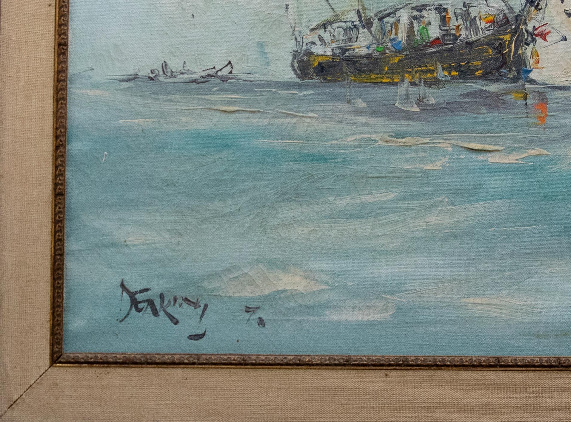 Eine lebhafte nautische Szene von dem bekannten britischen Künstler George Richard Deakins. Ein Markenzeichen von Deakins Arbeiten ist die Verwendung von kräftigem Impasto, das mit einem Spachtel aufgetragen wird, und lebhaften Blockfarben. Das Öl
