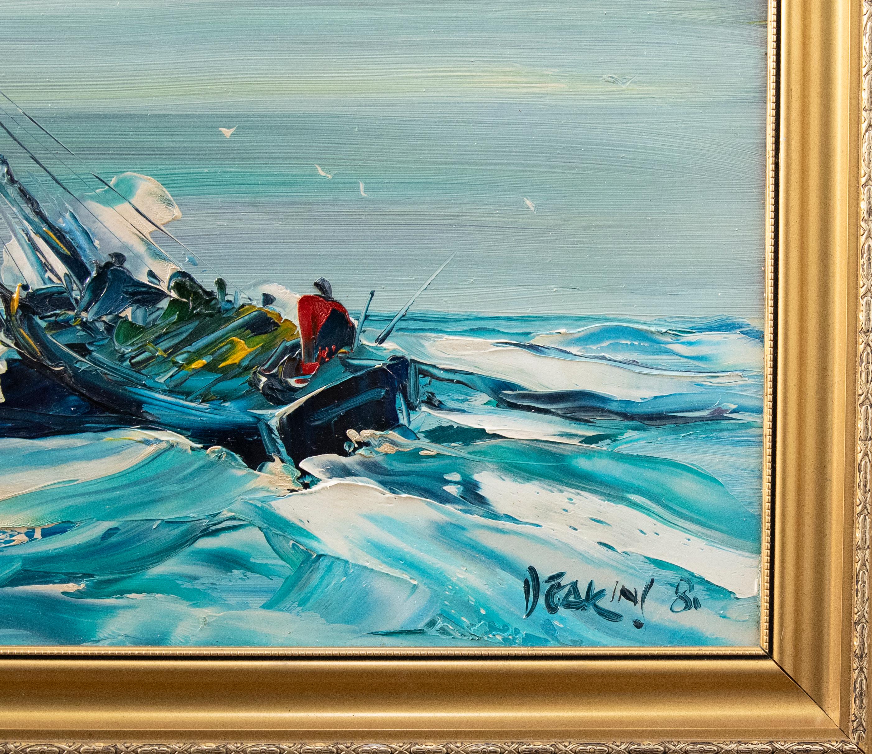 Une scène nautique vibrante de l'artiste bien connu George Richard Deakins. L'utilisation d'empâtements lourds appliqués à l'aide d'un couteau à palette et d'aplats de couleurs vives est une marque de fabrique de l'œuvre de Deakin. Avec des