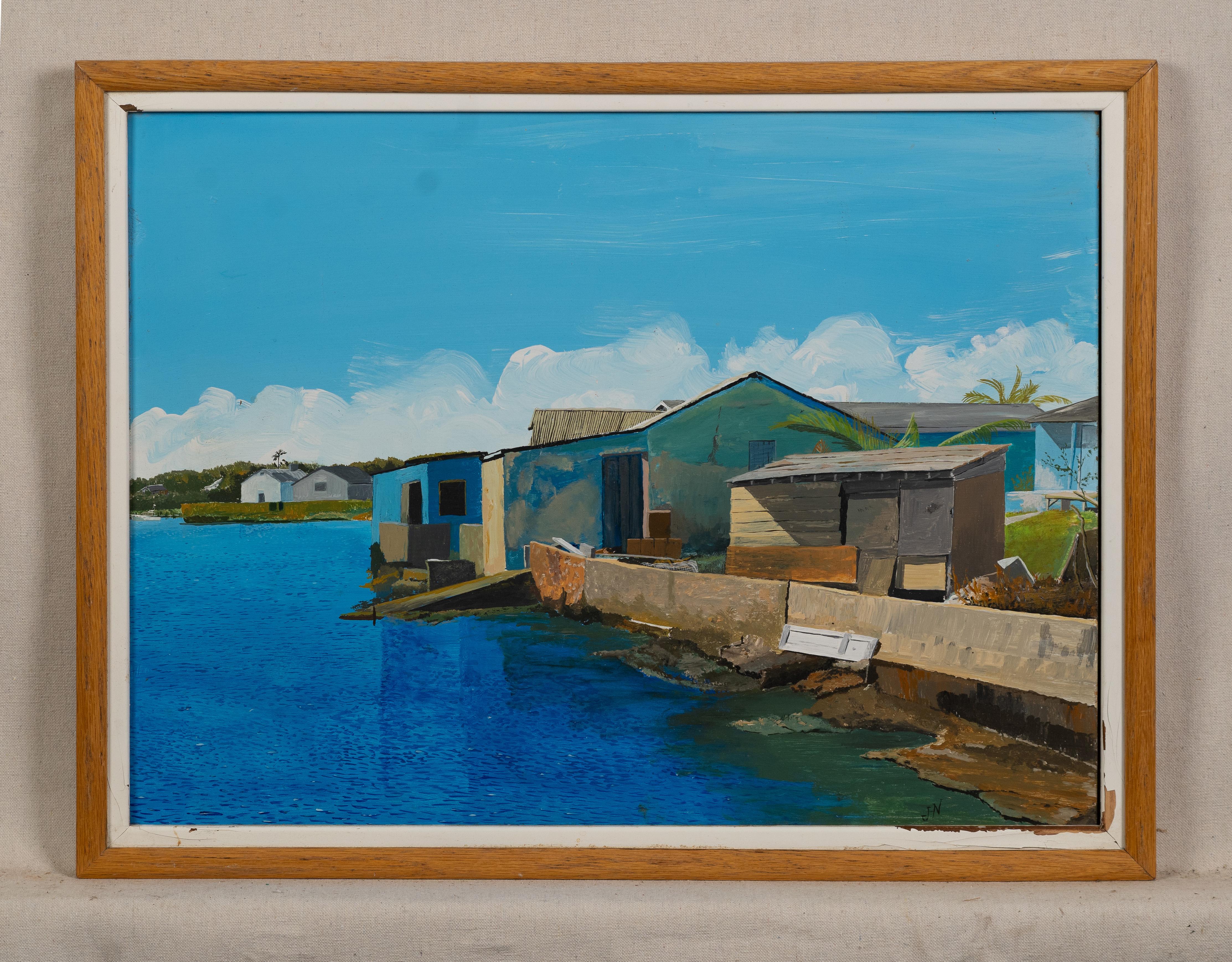 George Town Great Exuma Signed Vintage Bahamas Modernist Seascape Oil Painting For Sale 1