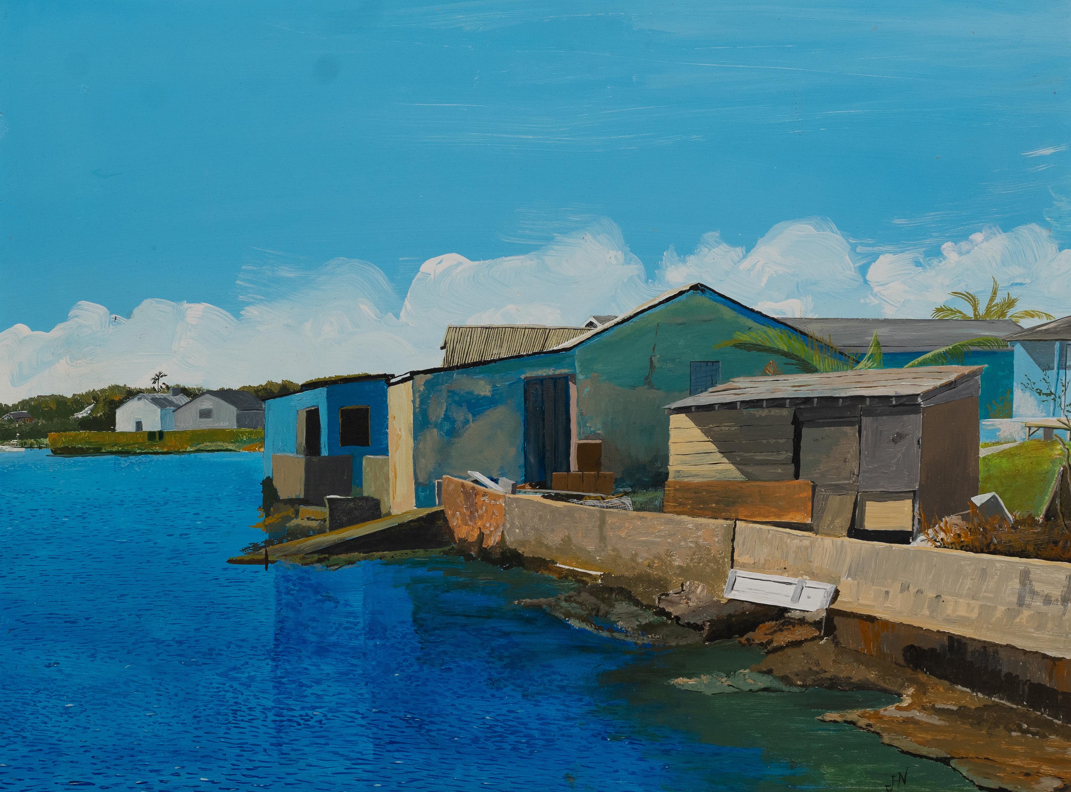 George Town Great Exuma Signed Vintage Bahamas Modernist Seascape Oil Painting For Sale 2