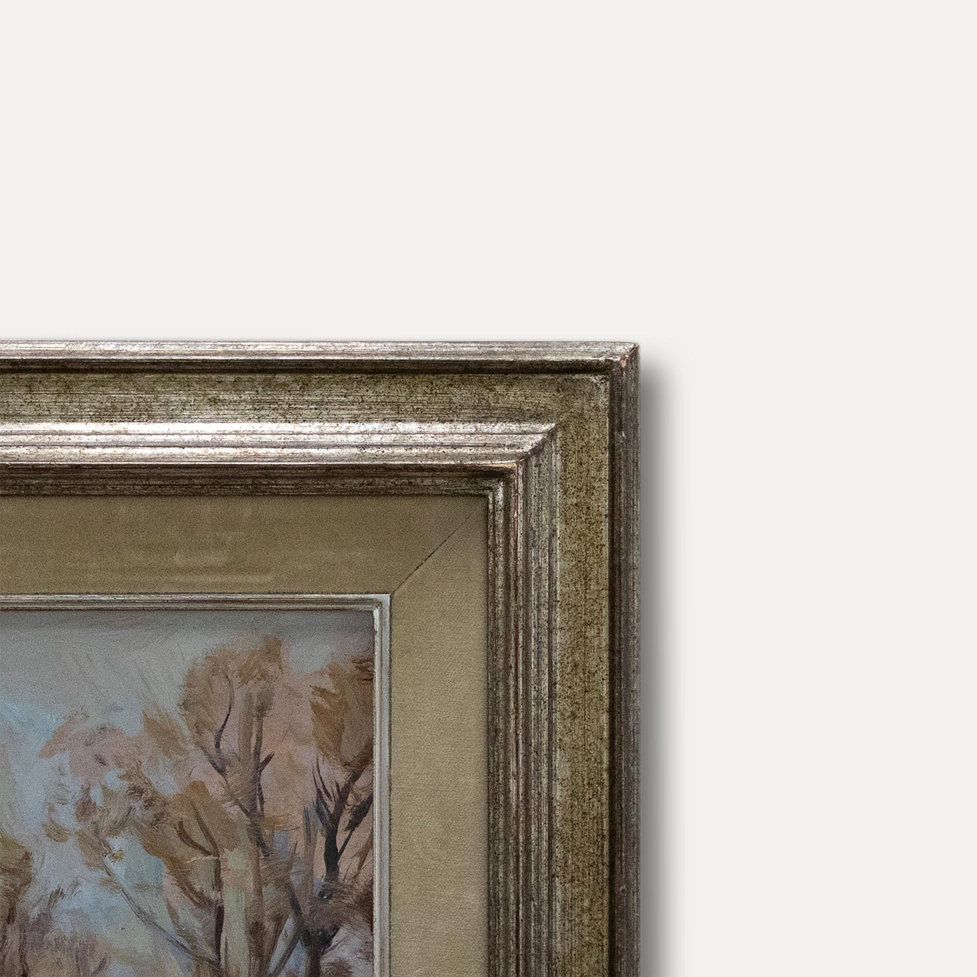 A delightful mid century landscape depicting a farm autumn. The cene looks over a small pond to quaint farm buildings that are slightly obscured by the autumnal trees. Unsigned. Artist name and dated inscribed verso. Presented in a silver gilt frame
