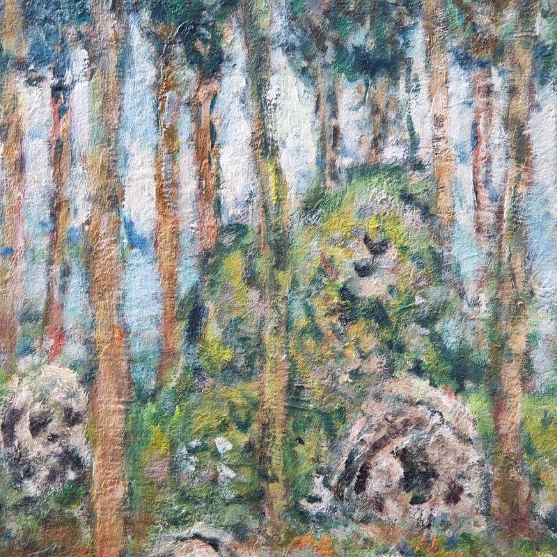 Magnificent tall trees and imposing rock formations rise from the undergrowth of this verdant forest landscape. Completed in a saturated palette of impressionistic colour. Signed by Bousquet to the lower right. Titled to the reverse. On canvas on