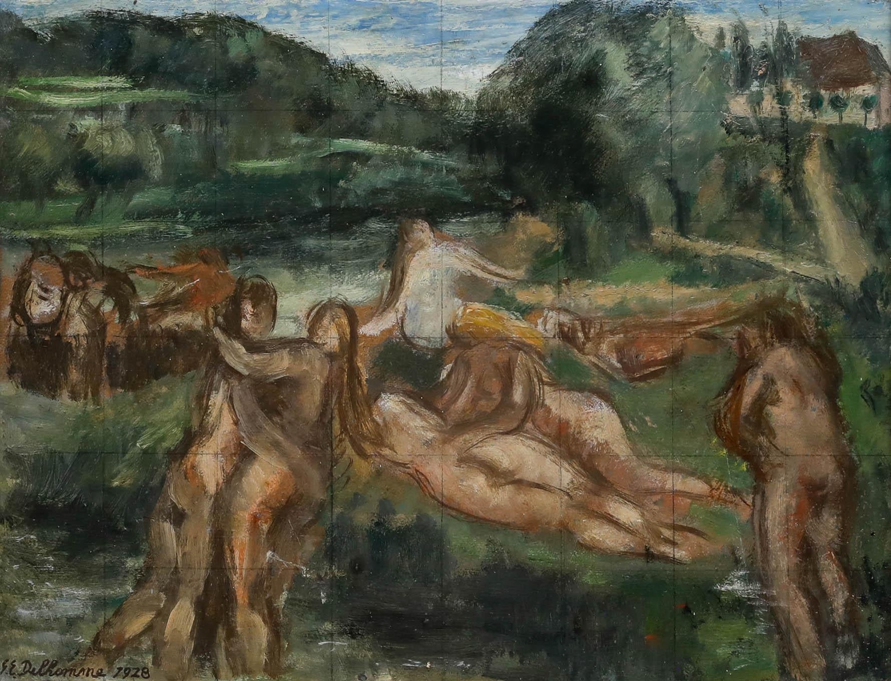 Georges Eugene Delhomme (1904-1989) - 1928 Öl, Figuren in einer Landschaft – Painting von Unknown