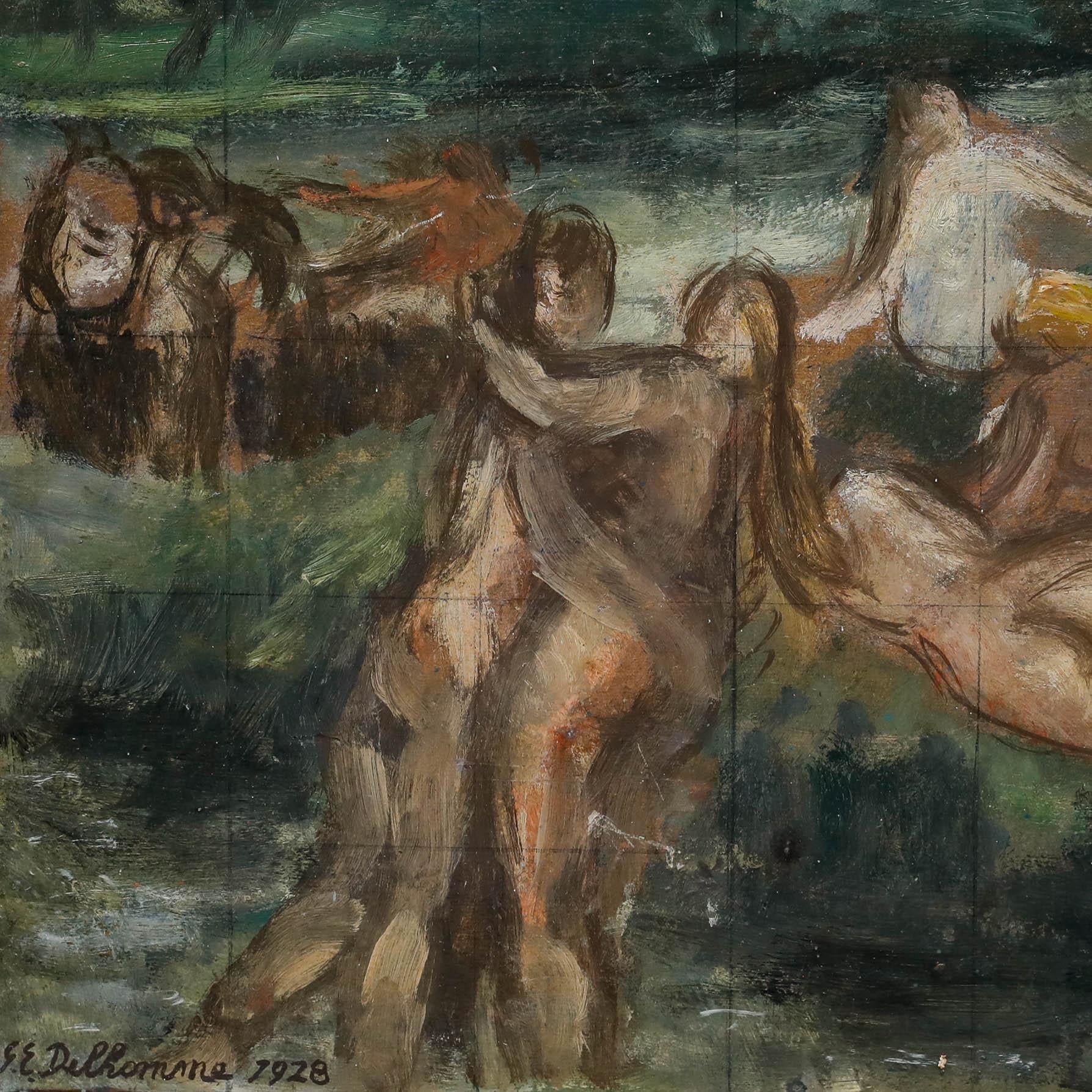 Dieses impressionistische Gemälde zeigt eine heitere pastorale Szene, in der die nackten Figuren anmutig in eine üppige, grüne Landschaft integriert sind. Die Komposition schafft ein Gleichgewicht zwischen den organischen Formen der menschlichen