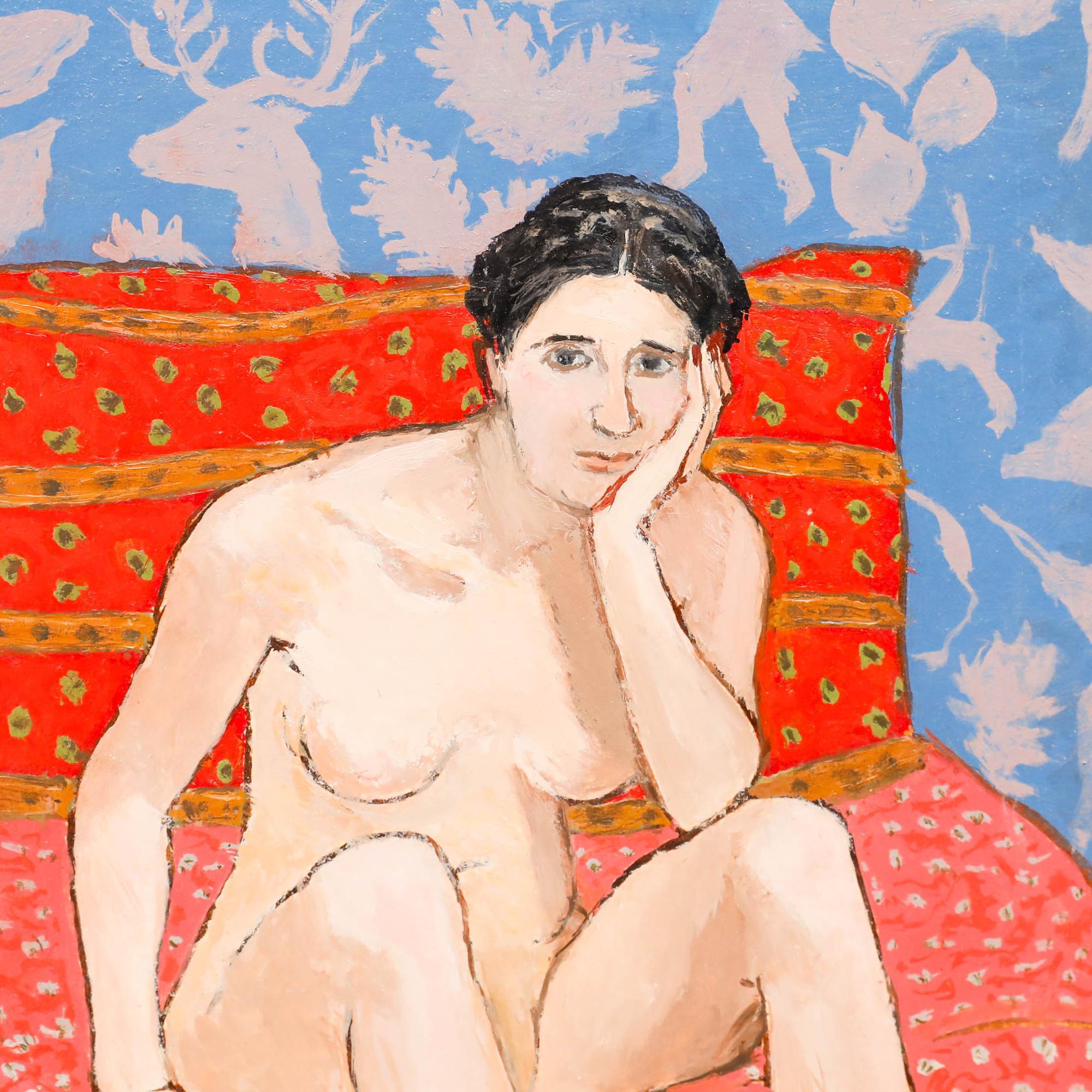 A delightful life study by the artist Georges Eugene Delhomme (1904-1989). The artist has expertly captured the rich patterned textiles of the interior against the elegant form of the seated lady. Signed and dated to the upper right. Inscribed