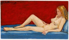 Georges Eugene Delhomme (1904-1989) - 1978 Oil, Lady on Blue Bed
